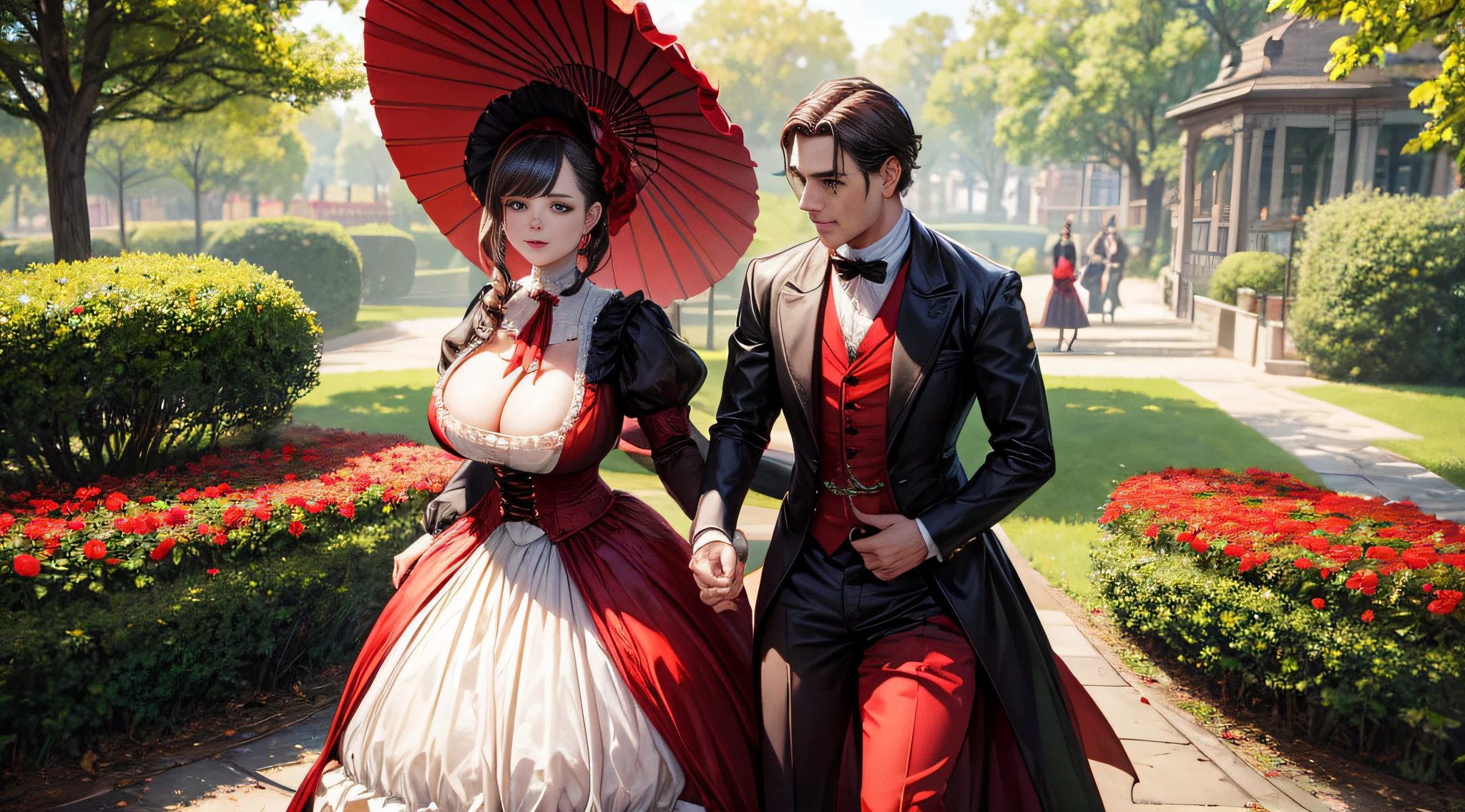 A proper young woman in Victorian times with enormous breast and sexy curves wearing a red and black Victorian era dress carrying a red and black parasol to match the dress in the park catching the eyes of every man around her.