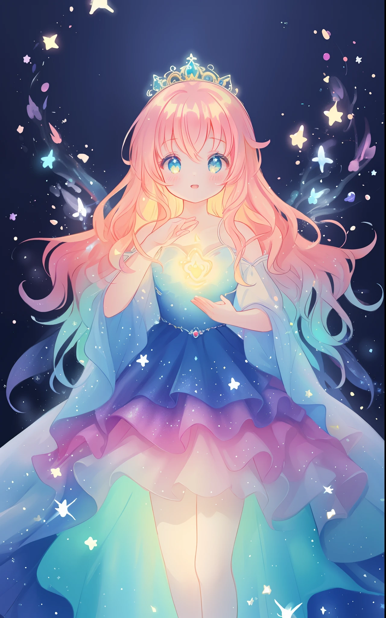 beautiful girl, puffy tiered rainbow ballgown, princess, intricate dress design, (colorful), long wavy hair, magical lights, sparkling magical liquid, inspired by Glen Keane, inspired by Lois van Baarle, disney art style, by Lois van Baarle, glowing aura around her, by Glen Keane, jen bartel, glowing lights! digital painting, flowing glowing hair, glowing flowing hair, beautiful digital illustration, fantasia background, whimsical, magical, fantasy, ((masterpiece, best quality)), intricate details, highly detailed, sharp focus, 8k resolution, sparkling detailed eyes, liquid watercolor