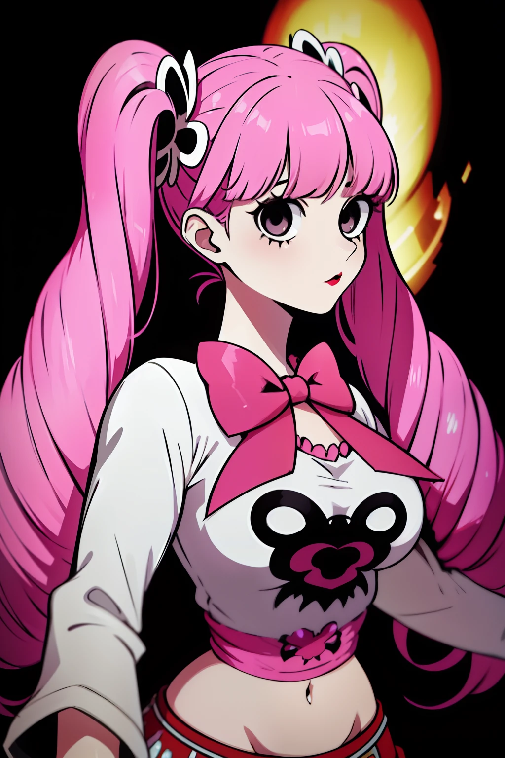 Perona, 1girl, pink hair, black eyes, blunt bangs, drill hair, red lipstick, long twintails, crown, (white and black striped stockings), long red boots, red capelet, pink bowtie, white shirt with sleeves, red skirt, midriff, perfect anatomy, solo, zombie, multiple boys, crowd, glowing eyes, undead, horror (theme), ugly man, blood, post-apocalyptic city, masterpiece, best quality, upper body