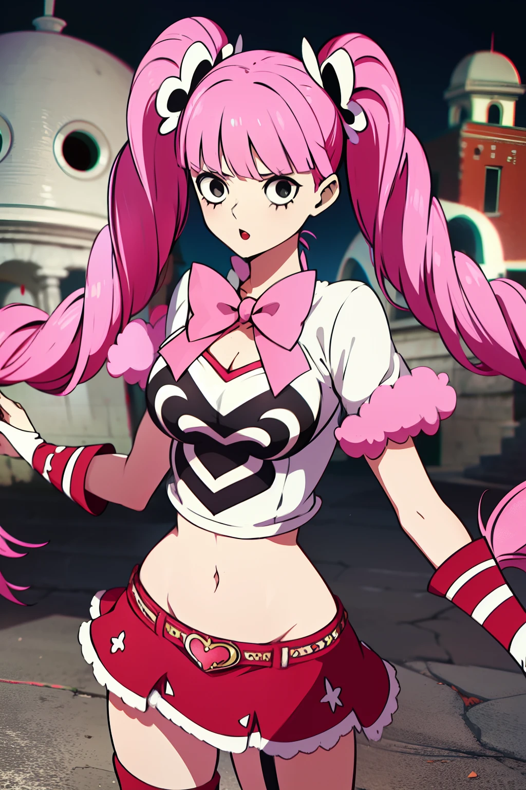 Perona, 1girl, pink hair, black eyes, blunt bangs, drill hair, red lipstick, long twintails, crown, (white and black striped stockings), long red boots, red capelet, pink bowtie, white shirt with sleeves, red skirt, midriff, perfect anatomy, solo, zombie, multiple boys, crowd, glowing eyes, undead, horror (theme), ugly man, blood, post-apocalyptic city, masterpiece, best quality, upper body