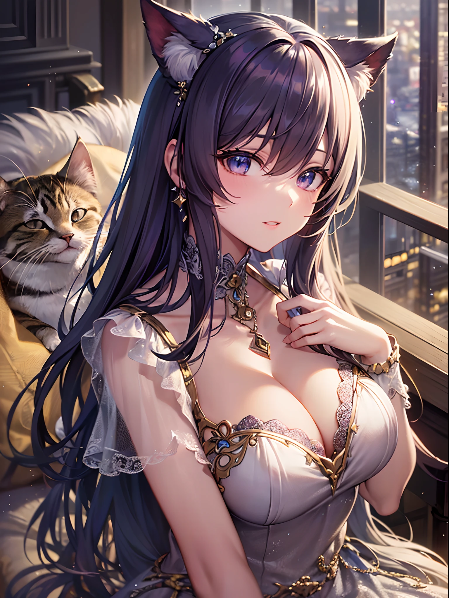 ((Finest quality)),(超A high resolution),(ultra-detailliert),((Best Anime)),sharpnes,Clair,Art with astounding depictions,Glamorous atmosphere:1.4, (dame:1.3,Glittering dresses),Sit on a chair and hold a cat to your chest