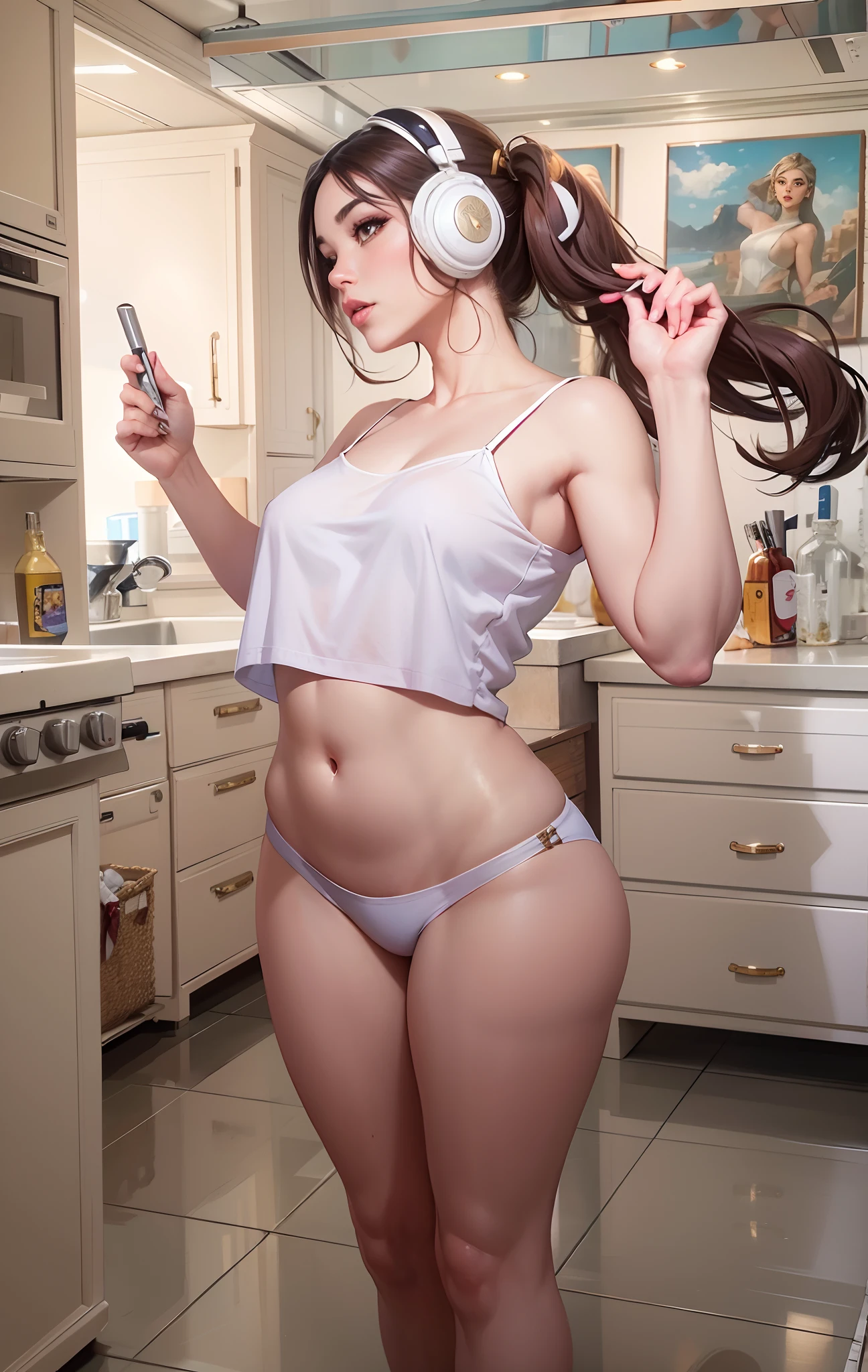 There is a woman in a white blouse and headphones holding a cell phone, seductora chica de anime, artgerm extremadamente detallado, en la cocina, En el estilo Artgerm, Como Artgerm, Estilo Artgerm, Artgerm. High detail, Modelo IG | Artgerm, al estilo de Artgerm, Artgerm. Anime illustration