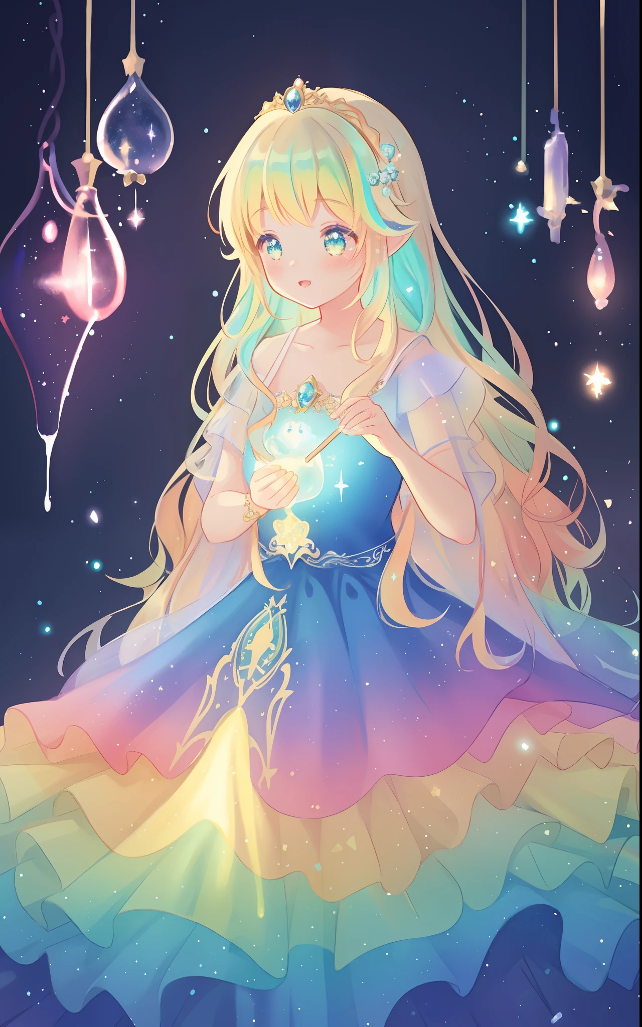 beautiful girl, puffy tiered rainbow ballgown, princess, intricate dress design, (colorful), long wavy hair, magical lights, sparkling magical liquid, inspired by Glen Keane, inspired by Lois van Baarle, disney art style, by Lois van Baarle, glowing aura around her, by Glen Keane, jen bartel, glowing lights! digital painting, flowing glowing hair, glowing flowing hair, beautiful digital illustration, fantasia background, whimsical, magical, fantasy, ((masterpiece, best quality)), intricate details, highly detailed, sharp focus, 8k resolution, sparkling detailed eyes, liquid watercolor