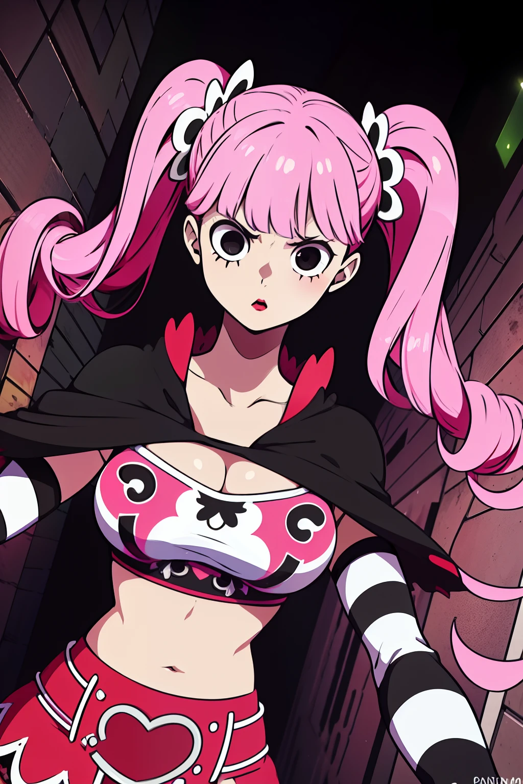 Perona, 1girl, pink hair, black eyes, blunt bangs, drill hair, red lipstick, long twintails, crown, (white and black striped stockings), long red boots, red capelet, pink bowtie, white shirt with sleeves, red skirt, midriff, perfect anatomy, solo, zombie, multiple boys, crowd, glowing eyes, undead, horror (theme), ugly man, blood, post-apocalyptic city, masterpiece, best quality, upper body