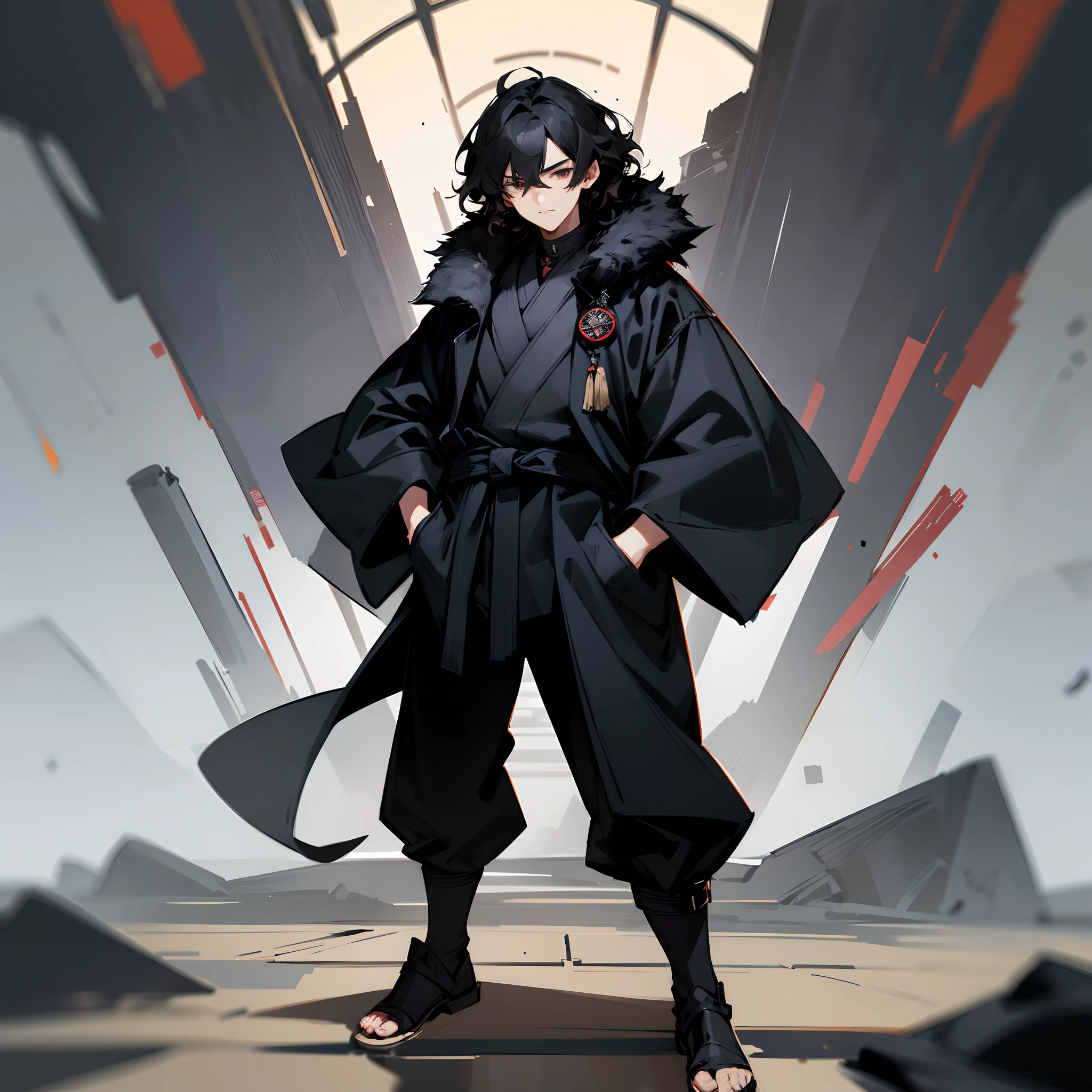 1male, adult, short layered hair, wavy hair, black hair, black fur coat, ninja outfit, hands in pocket, standing on path, old library, lazy expression