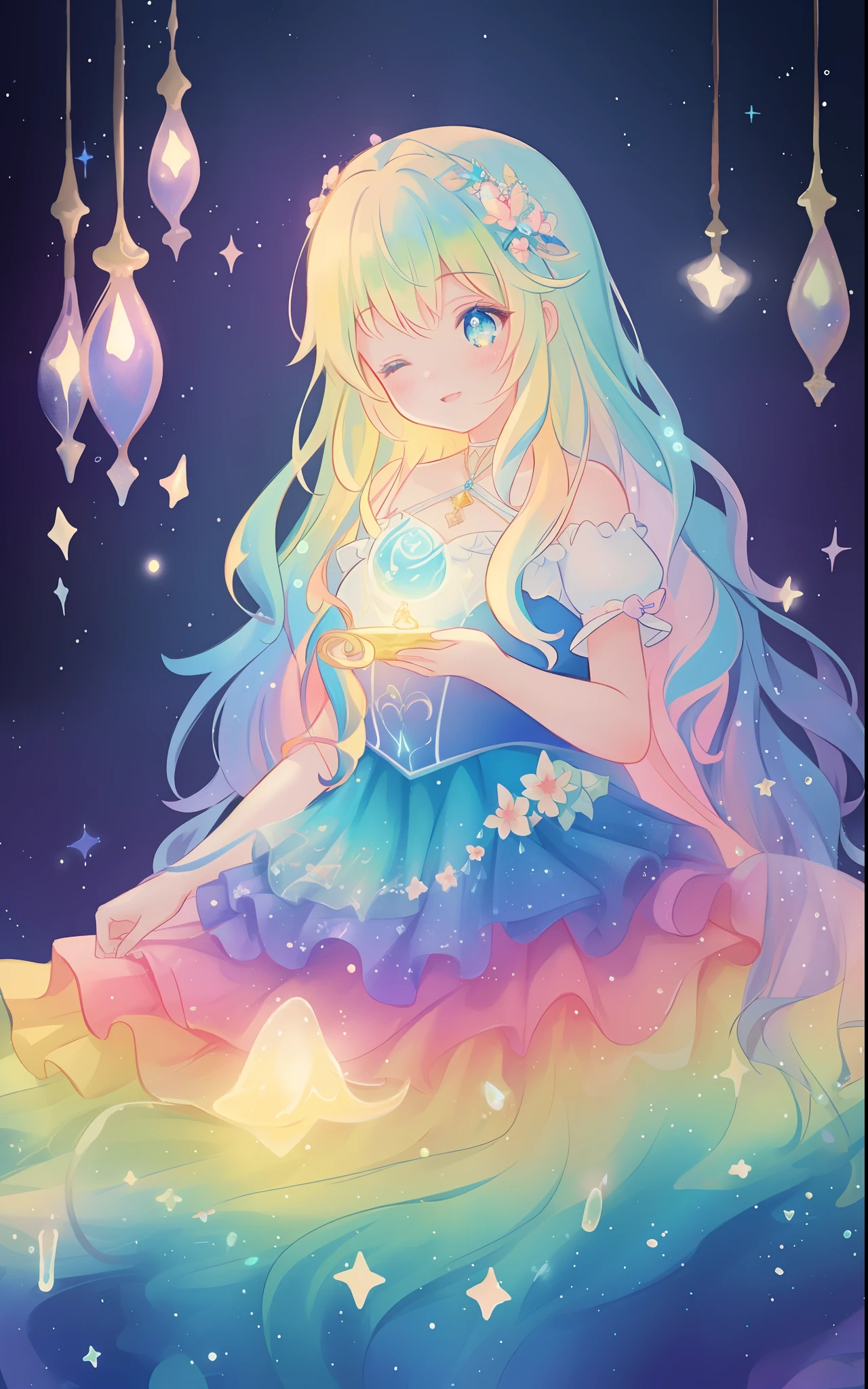 beautiful girl, puffy tiered rainbow ballgown, princess, intricate dress design, (colorful), long wavy hair, magical lights, sparkling magical liquid, inspired by Glen Keane, inspired by Lois van Baarle, disney art style, by Lois van Baarle, glowing aura around her, by Glen Keane, jen bartel, glowing lights! digital painting, flowing glowing hair, glowing flowing hair, beautiful digital illustration, fantasia background, whimsical, magical, fantasy, ((masterpiece, best quality)), intricate details, highly detailed, sharp focus, 8k resolution, sparkling detailed eyes, liquid watercolor
