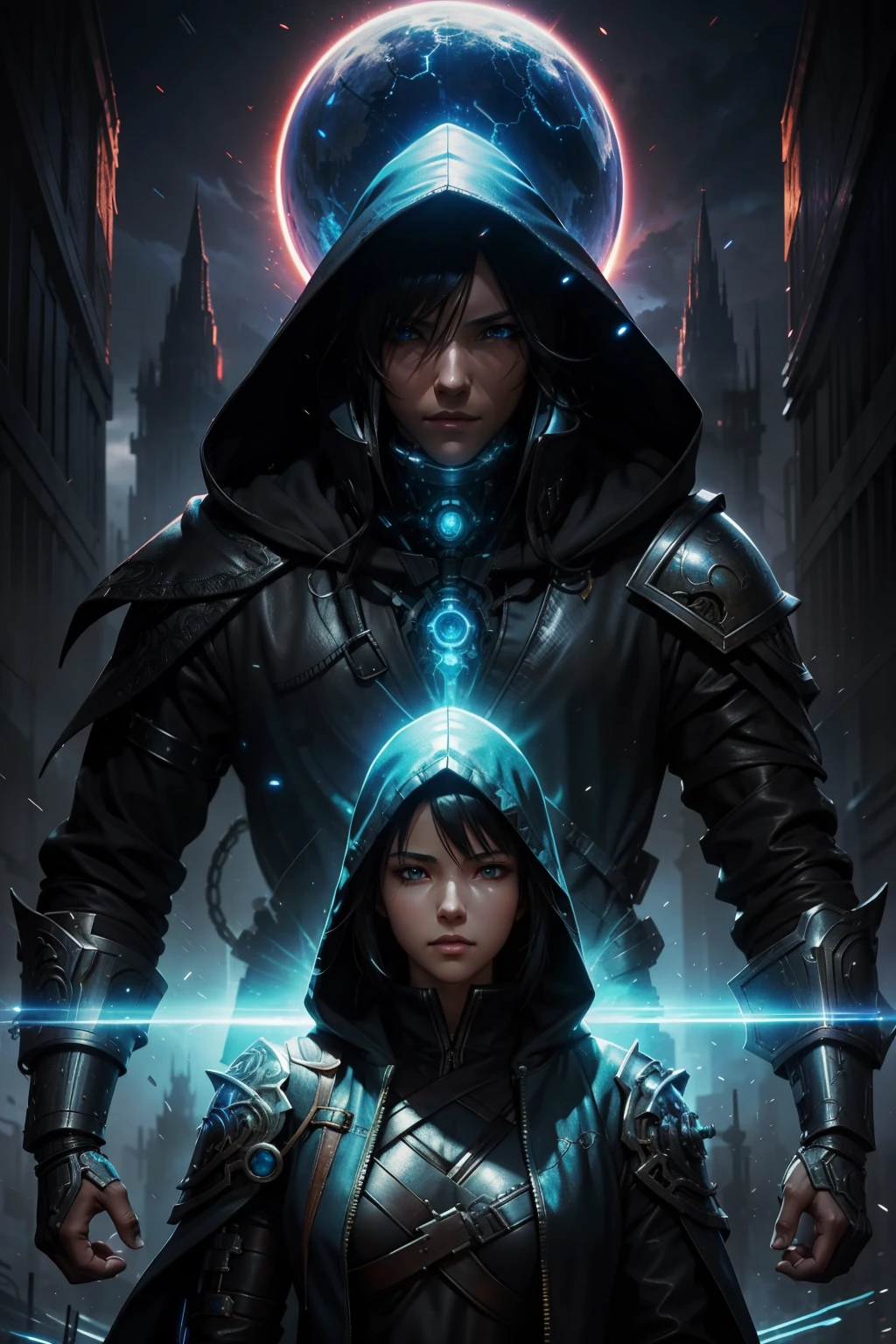 2.5D CGI anime fantasy portrait artwork of a hooded intricate cybernetic sorcerer warrior character with high quality glistening beautiful colors, rich moody atmosphere, omnipotent, megastructure realistic detailed background, portrait in the style of Makoto Shinkai and Greg Rutkowski