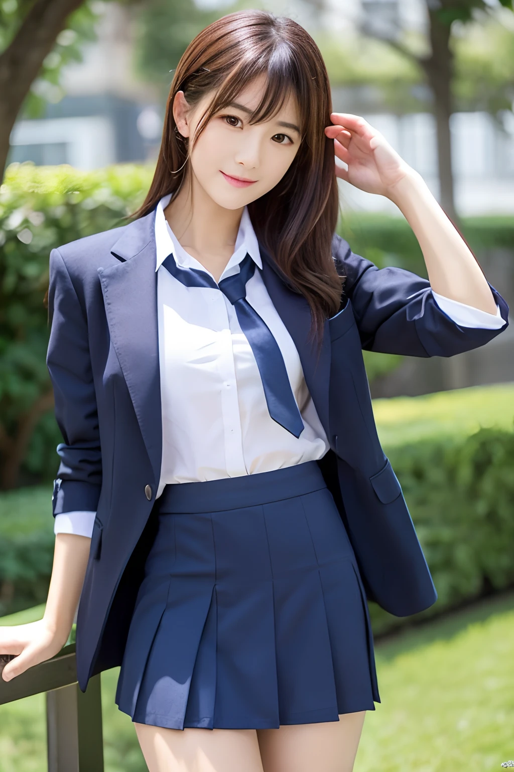 8K, highest quality, real image, intricate details, Super detailed, ultra high resolution, depth field,(realistic,realistic:1.2), 1 girl, eye_Chan, very beautiful 17 year old girl, innocent 大きなeye, 大きなeye、beautiful breasts:1.5、非常に詳細なeye:1.2)、(beautiful breasts:1.1)、wavy hair、curly hair、bangs、, perfect skin, Fair skin, cleavage, tight waist, huge breasts、light blush, alone、 looking at the viewer, (laughter, white teeth), ((School_uniform),(dark blue blazer), (white shirt、Wearing a tie), (gray pleated skirt), (sculpture installation :1.1)、Station Square