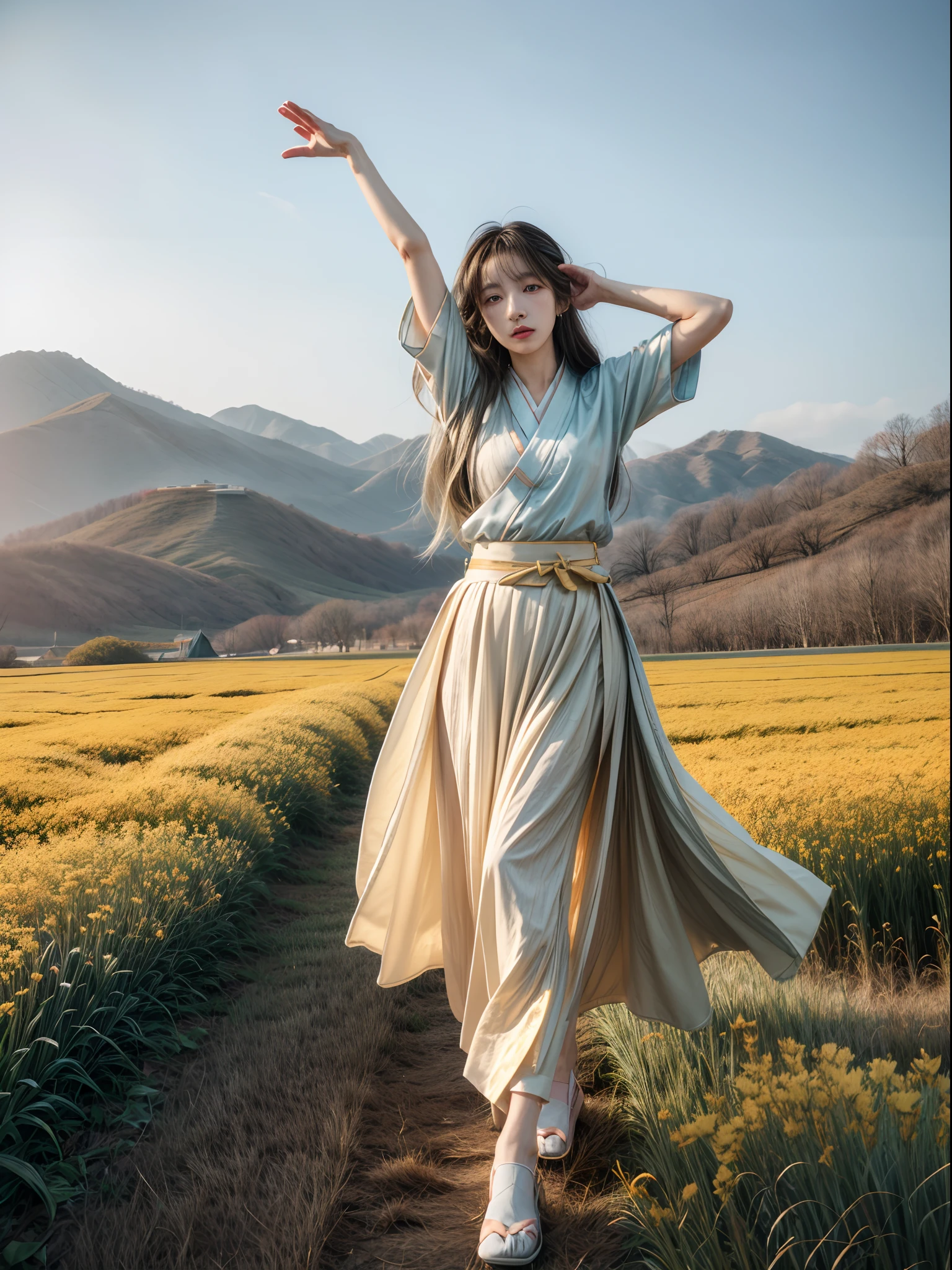 (Beautiful girl practicing various dance poses in flower field: 1.2), (Hanfu, tang style outfits, White Mountain, Multi-color chest PO skirt, Yellow belt), Infrared photography, Graphic design, poster for, fine art, vivd colour, 1.4x realism，hyper HD，Textured skin，(anatomy correct，Accurate and perfect Korean female face，Golden ratio), Sky Wind 1
