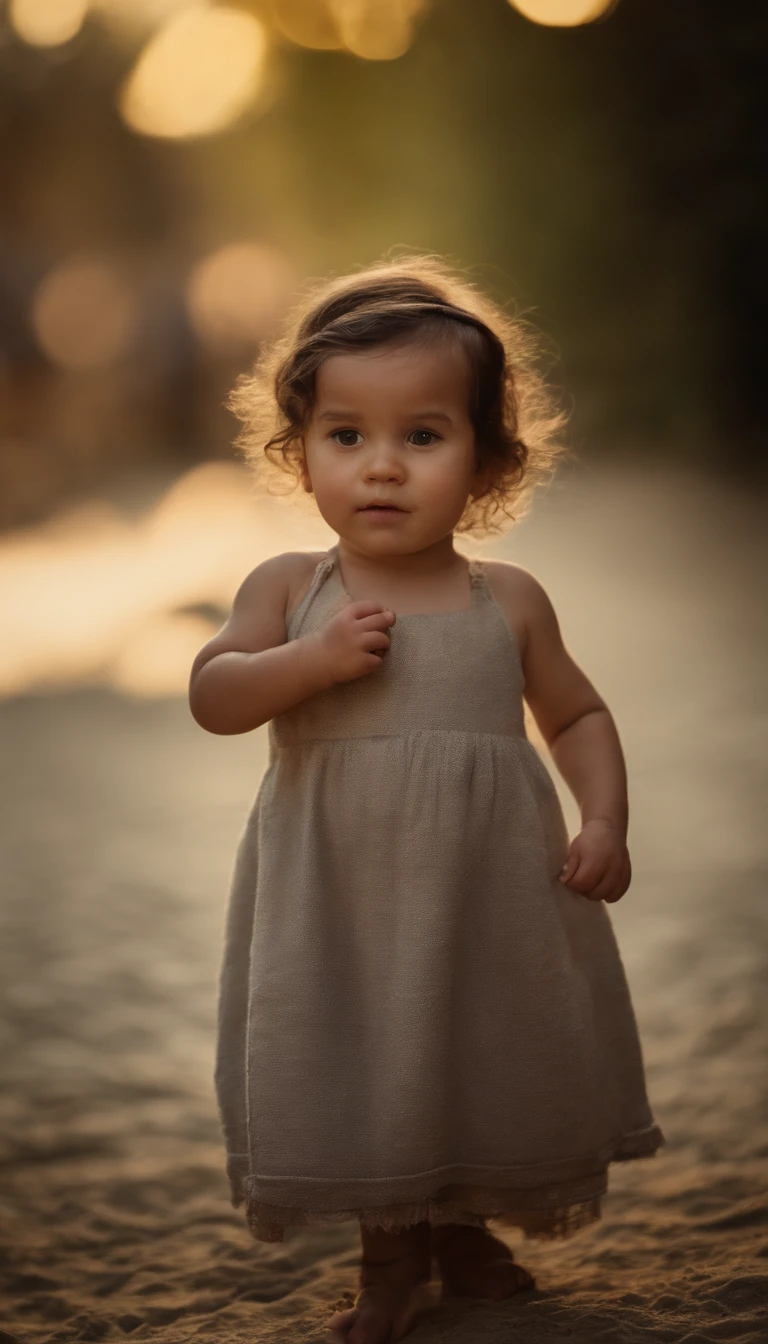 In the middle of the Amazon jungle, uma menina, 10 anos, Beautiful, brasileiro, Branco, sujo, indefeso, soio, vestido branco sujo e usado, in the background a forest fire, Serious expression, fotografia hiper-realista, High level of detail and resolution