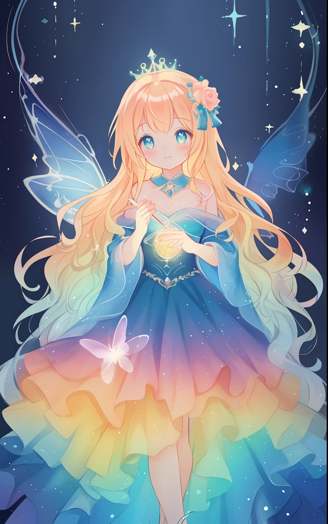 beautiful girl, puffy tiered rainbow ballgown, princess, intricate dress design, (colorful), long wavy hair, magical lights, sparkling magical liquid, inspired by Glen Keane, inspired by Lois van Baarle, disney art style, by Lois van Baarle, glowing aura around her, by Glen Keane, jen bartel, glowing lights! digital painting, flowing glowing hair, glowing flowing hair, beautiful digital illustration, fantasia background, whimsical, magical, fantasy, ((masterpiece, best quality)), intricate details, highly detailed, sharp focus, 8k resolution, sparkling detailed eyes, liquid watercolor