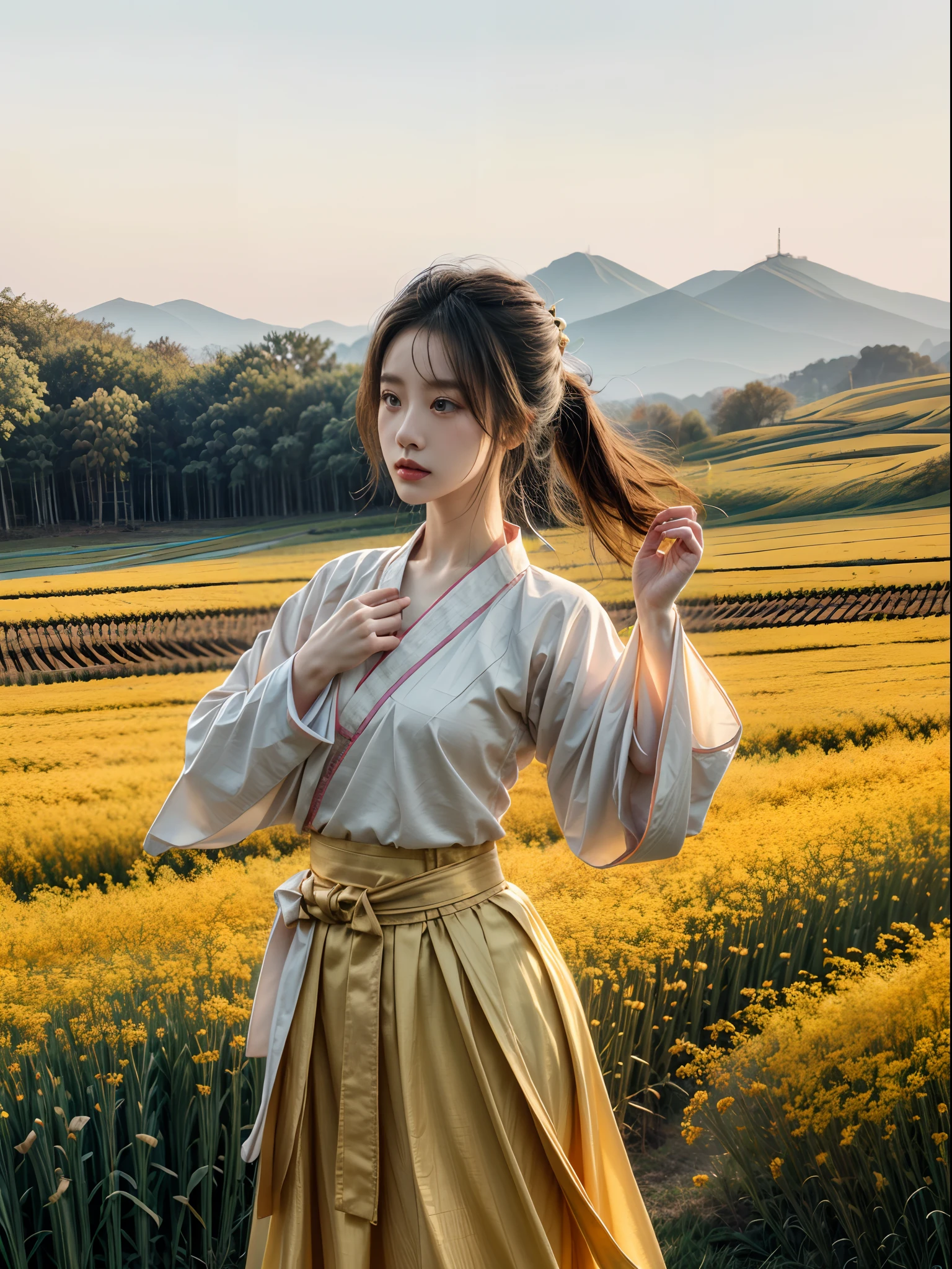 (Beautiful girl practicing various dance poses in flower field: 1.2), (Hanfu, tang style outfits, White Mountain, Multi-color chest PO skirt, Yellow belt), Infrared photography, Graphic design, poster for, fine art, vivd colour, 1.4x realism,hyper HD,Textured skin,(anatomy correct,Accurate and perfect Korean female face,Golden ratio), Sky Wind 1