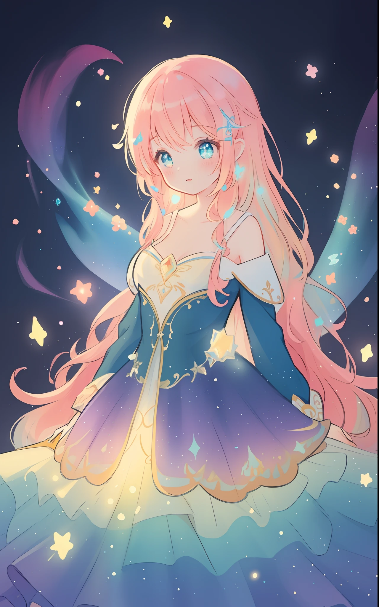 beautiful girl, puffy tiered rainbow ballgown, princess, intricate dress design, (colorful), long wavy hair, magical lights, sparkling magical liquid, inspired by Glen Keane, inspired by Lois van Baarle, disney art style, by Lois van Baarle, glowing aura around her, by Glen Keane, jen bartel, glowing lights! digital painting, flowing glowing hair, glowing flowing hair, beautiful digital illustration, fantasia background, whimsical, magical, fantasy, ((masterpiece, best quality)), intricate details, highly detailed, sharp focus, 8k resolution, sparkling detailed eyes, liquid watercolor