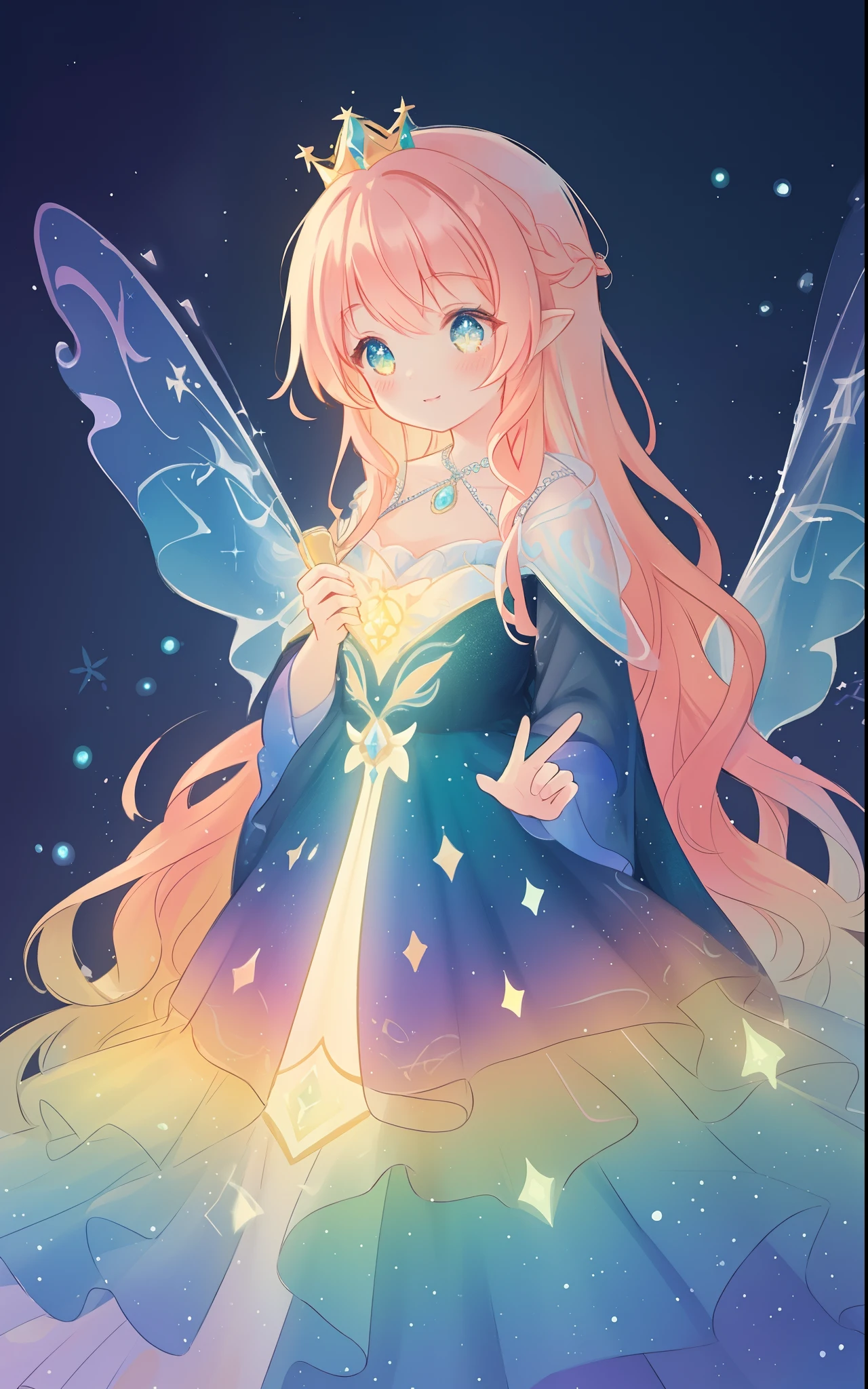 beautiful girl, puffy tiered rainbow ballgown, princess, intricate dress design, (colorful), long wavy hair, magical lights, sparkling magical liquid, inspired by Glen Keane, inspired by Lois van Baarle, disney art style, by Lois van Baarle, glowing aura around her, by Glen Keane, jen bartel, glowing lights! digital painting, flowing glowing hair, glowing flowing hair, beautiful digital illustration, fantasia background, whimsical, magical, fantasy, ((masterpiece, best quality)), intricate details, highly detailed, sharp focus, 8k resolution, sparkling detailed eyes, liquid watercolor