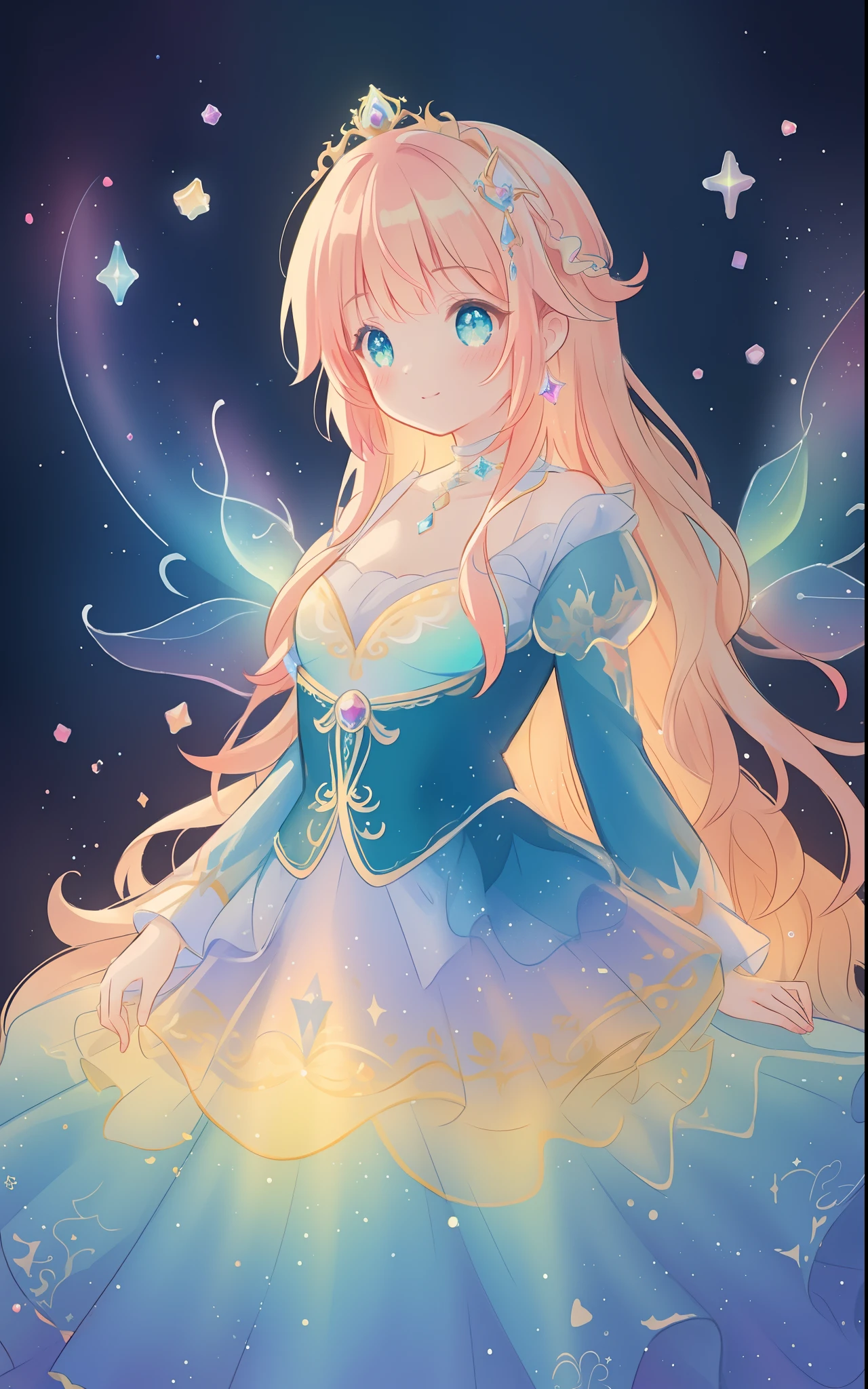 beautiful girl, puffy tiered rainbow ballgown, princess, intricate dress design, (colorful), long wavy hair, magical lights, sparkling magical liquid, inspired by Glen Keane, inspired by Lois van Baarle, disney art style, by Lois van Baarle, glowing aura around her, by Glen Keane, jen bartel, glowing lights! digital painting, flowing glowing hair, glowing flowing hair, beautiful digital illustration, fantasia background, whimsical, magical, fantasy, ((masterpiece, best quality)), intricate details, highly detailed, sharp focus, 8k resolution, sparkling detailed eyes, liquid watercolor