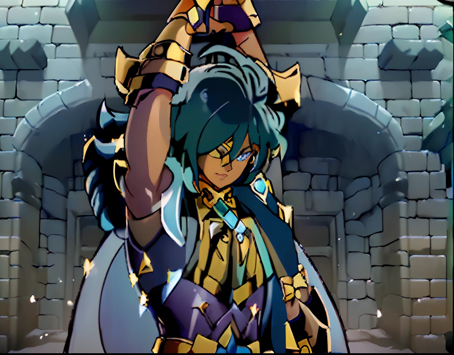 a close up of a ((dark Skin:1.6)) ((masculine ))  ((long navy-Blue hair with light blue )) , ((Done in a Low hanging Ponytail)), ((Sword)) , Dynamic pose, Mid swing , expression( Smug), ((Eye patch)),(( Kaeya From Genshin impact as a Digimon)), ((AquariusArmor)) ((1boy Solo)), ((Masterpiece,High quality))