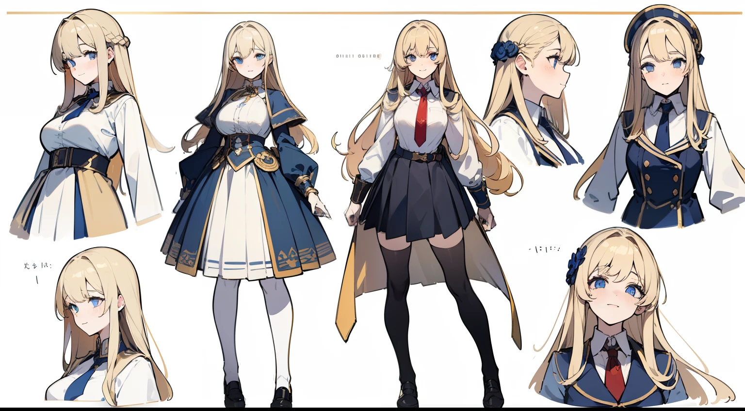 ((Masterpiece, highest quality)), detailed face, character sheet, (((Full body))), 1girl, light blue eyes, petite body, (((long blonde hair))), (large breasts), ((red tie)), ( left hair strand behind ear, victorian white school uniform below golden armor pieces, mini-skirt, many belts, cardigan, black thigh-highs, smile, yandere, gold and sapphire theme, pale skin, full of details, white and gold theme, multiple poses and expressions, highly detailed, depth, many parts