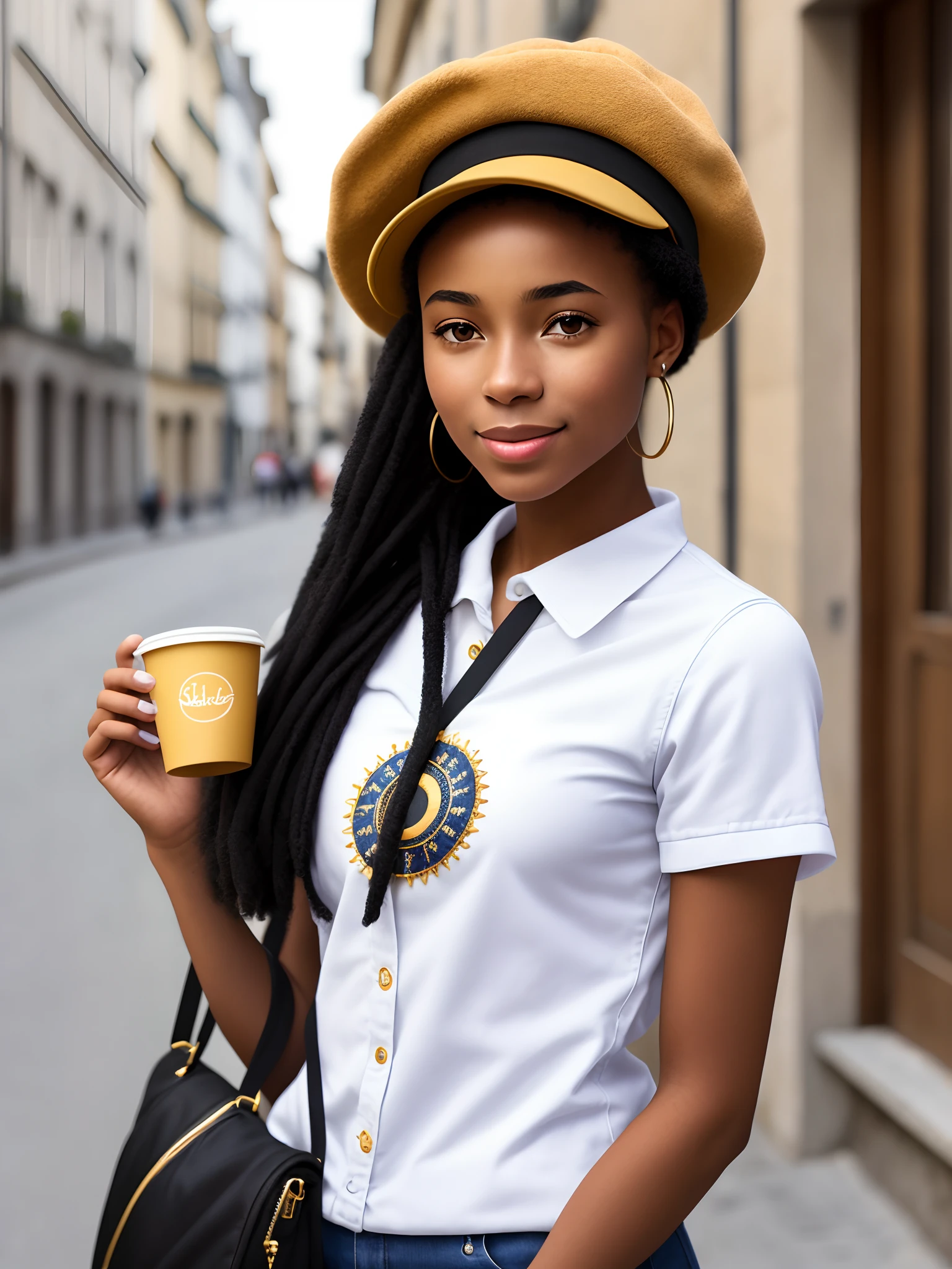 african american young woman, mignonne, casquette et ecouteurs, rue marchande, achats, Coffee break, Natural Skin Detail Imperfections, lunette de soleil