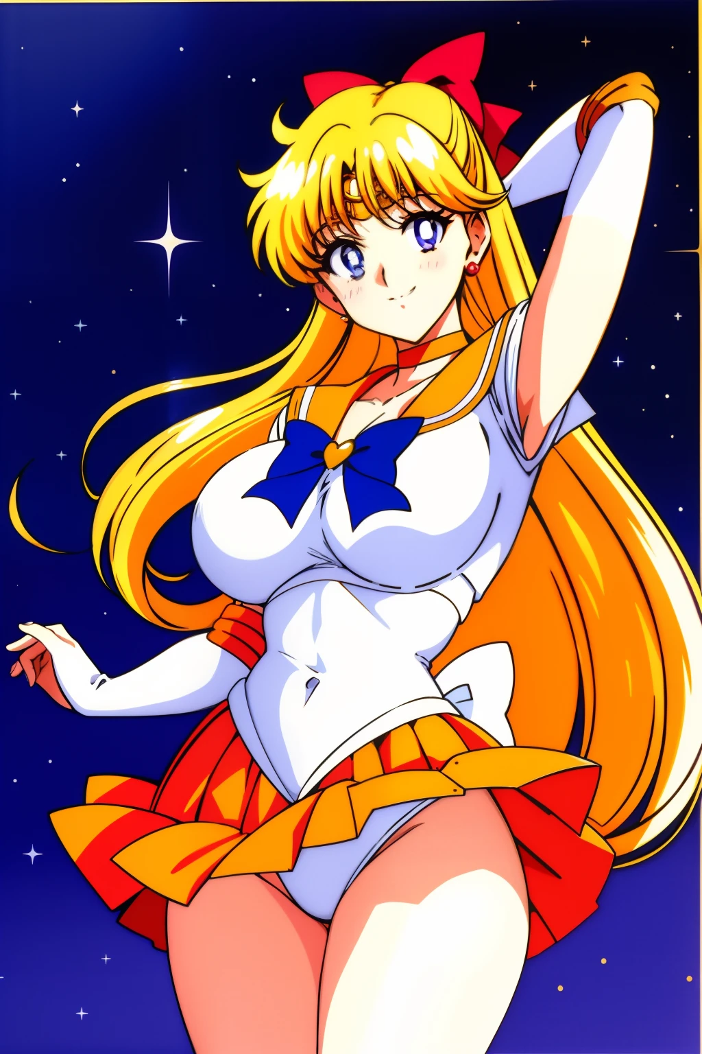 Sailor Senshi Uniform, Anime Aunt, A MILF, skirt, aino minako, solo, bow, white glove, sailorvenus, Blonde woman with very long hair, elbowgloves, Red ribbon on head, Orange sailor collar, Golden sailor collar, back_bow, Orange choker, Golden Choker, jewelry, Blue-eyed woman, Orange skirt, Golden skirt, magical girl, 耳Nipple Ring, circlet, skirt rift, smile, rating:safe, leotard, pleatedskirt, lifted_by_self, Half Up Hair, Bare shoulders, bare legs, cowboy_shot, collarbone, shiny, looking_at_viewer, panties on, Purple ribbon on chest, Woman standing, shiny_hair, bangs, eyebrows_visible_through_hair, hair_bow, closed_mouth, highleg, shiny_skin, heart, White leotard, robe blanche, huge tit, Leotila, 1990's\(styles\),