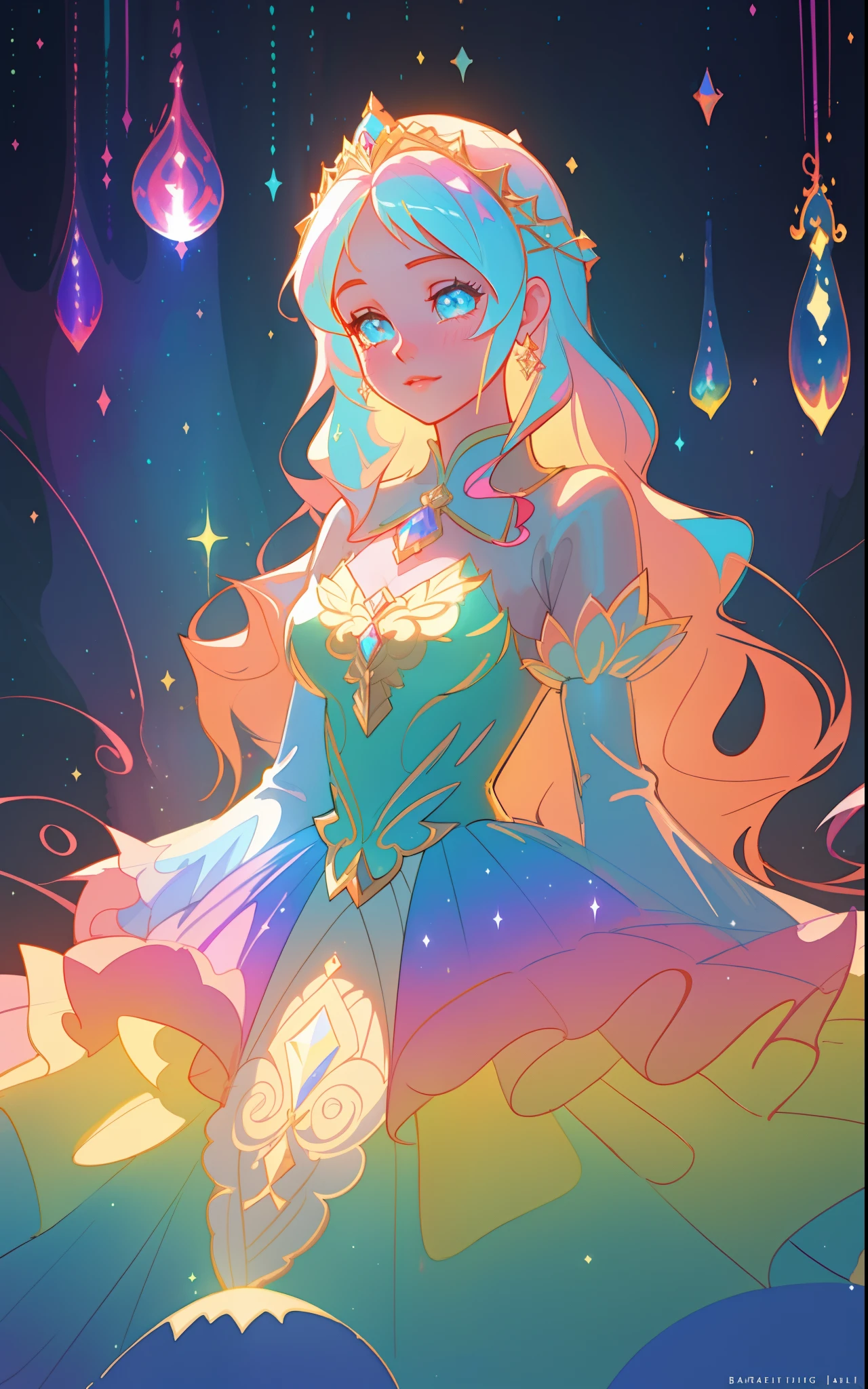 beautiful girl, puffy tiered rainbow ballgown, princess, intricate dress design, (colorful), long wavy hair, magical lights, sparkling magical liquid, inspired by Glen Keane, inspired by Lois van Baarle, disney art style, by Lois van Baarle, glowing aura around her, by Glen Keane, jen bartel, glowing lights! digital painting, flowing glowing hair, glowing flowing hair, beautiful digital illustration, fantasia background, whimsical, magical, fantasy, ((masterpiece, best quality)), intricate details, highly detailed, sharp focus, 8k resolution, sparkling detailed eyes, liquid watercolor