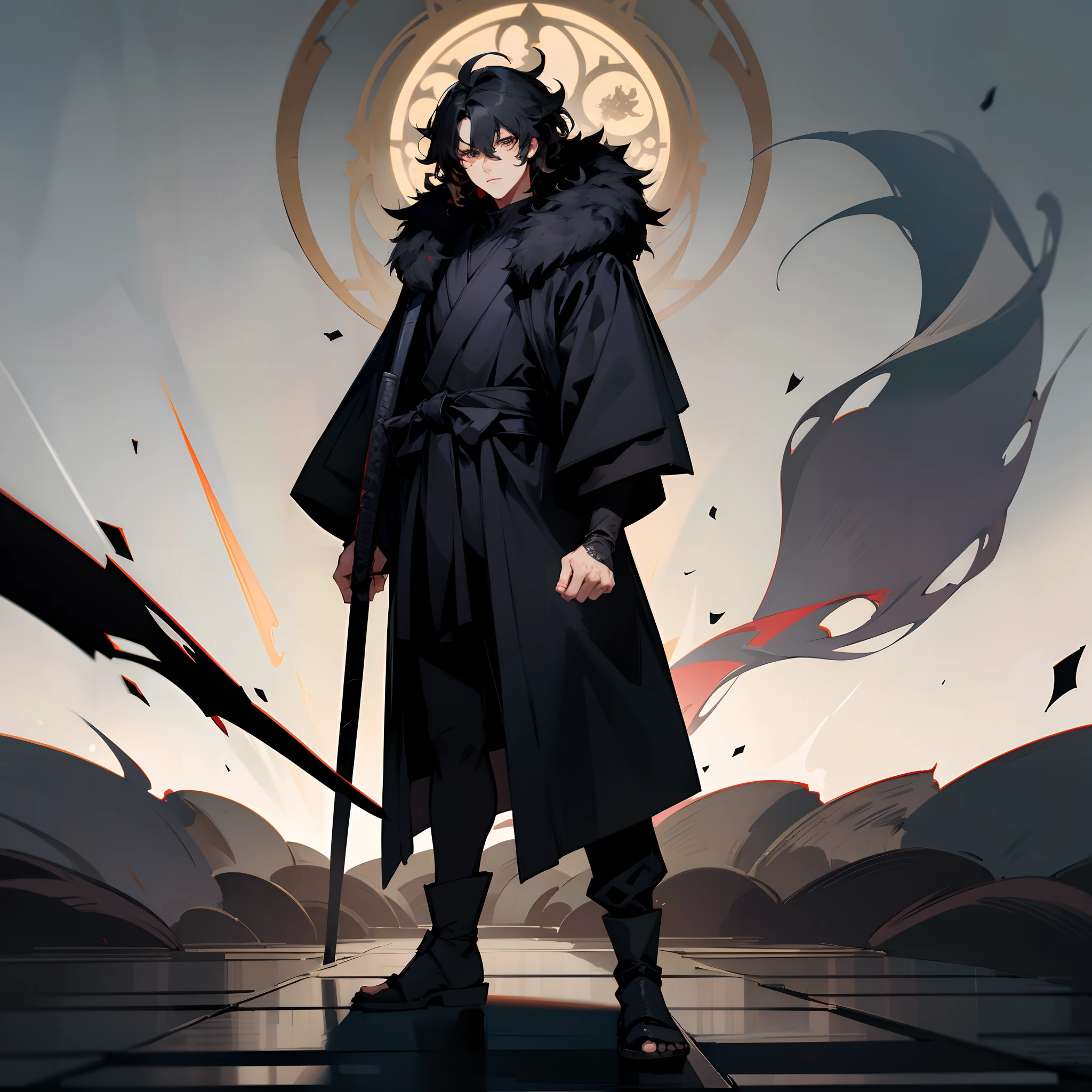 1male, adult, short layered hair, wavy hair, black hair, black fur coat, ninja outfit, standing on path, old library, lazy expression