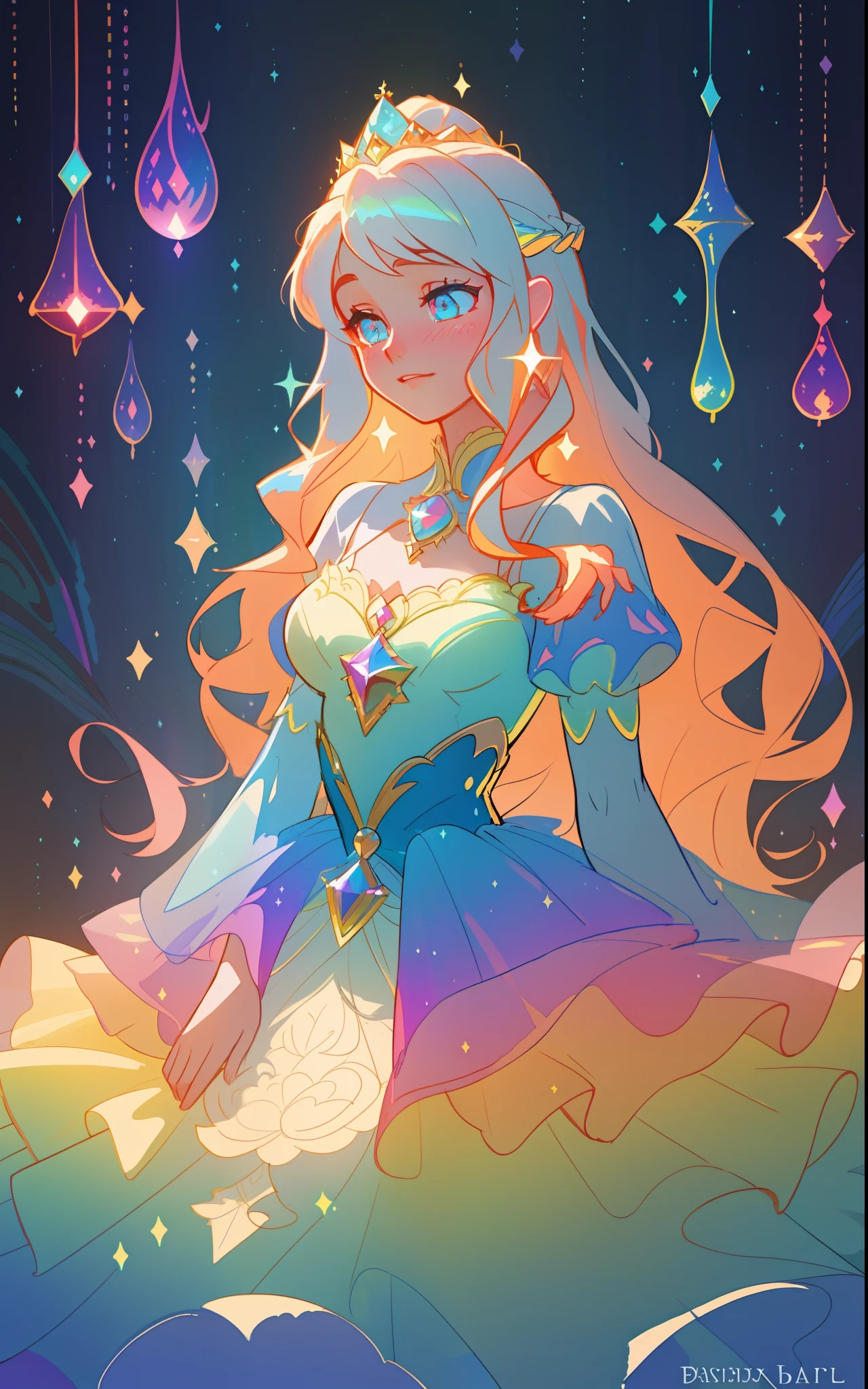 beautiful girl, puffy tiered rainbow ballgown, princess, intricate dress design, (colorful), long wavy hair, magical lights, sparkling magical liquid, inspired by Glen Keane, inspired by Lois van Baarle, disney art style, by Lois van Baarle, glowing aura around her, by Glen Keane, jen bartel, glowing lights! digital painting, flowing glowing hair, glowing flowing hair, beautiful digital illustration, fantasia background, whimsical, magical, fantasy, ((masterpiece, best quality)), intricate details, highly detailed, sharp focus, 8k resolution, sparkling detailed eyes, liquid watercolor