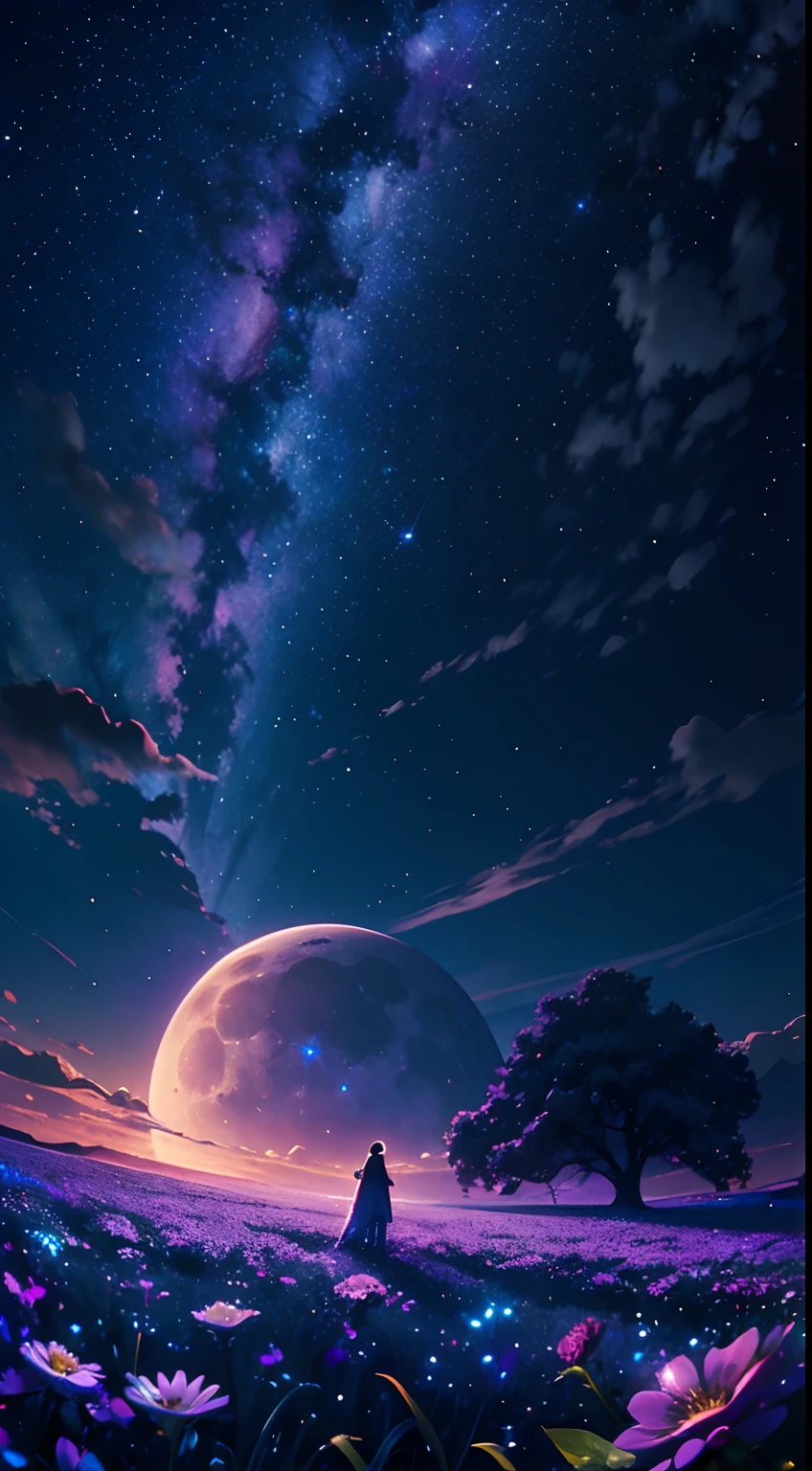 (masterpiece), best quality, a beautiful flower field at night, gorgeous sky with stars and constelations, volumetric clouds, beautiful clouds, (full moon), a magical atmosphere, is a dream like image, expansive landscape photograph, the field has flowers of different colors, there is a calm and peaceful feeling, a gentle breeze, the scenary has a magical glow, fireflys, the beauty on small details, nature beauty,a astronomical photo, contemplation of the nature, bright moon,
BREAK nebula, milkway, cosmic sky, starry sky, fish eye lens, dynamic angle, (dynamic composition:1.4), professional image,production art, intricate, mesmerizing, gorgeous,breath taking,amazing, magical, volumetrical light,  [purple]