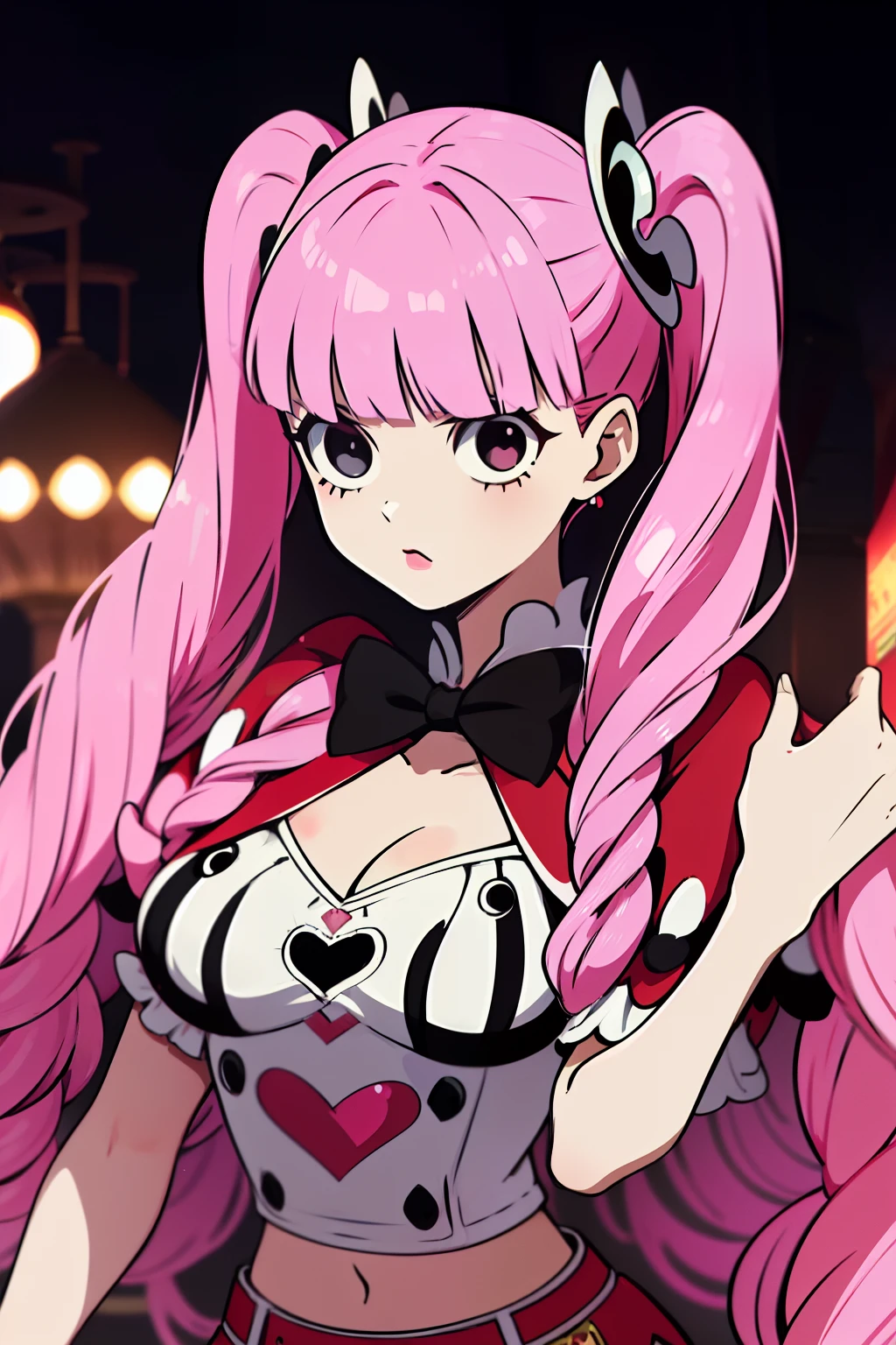 Perona, 1girl, pink hair, black eyes, blunt bangs, drill hair, red lipstick, long twintails, crown, (white and black striped stockings), long red boots, red capelet, pink bowtie, white shirt with sleeves, red skirt, midriff, perfect anatomy, solo, zombie, multiple boys, crowd, glowing eyes, undead, horror (theme), ugly man, blood, masterpiece, best quality, upper body