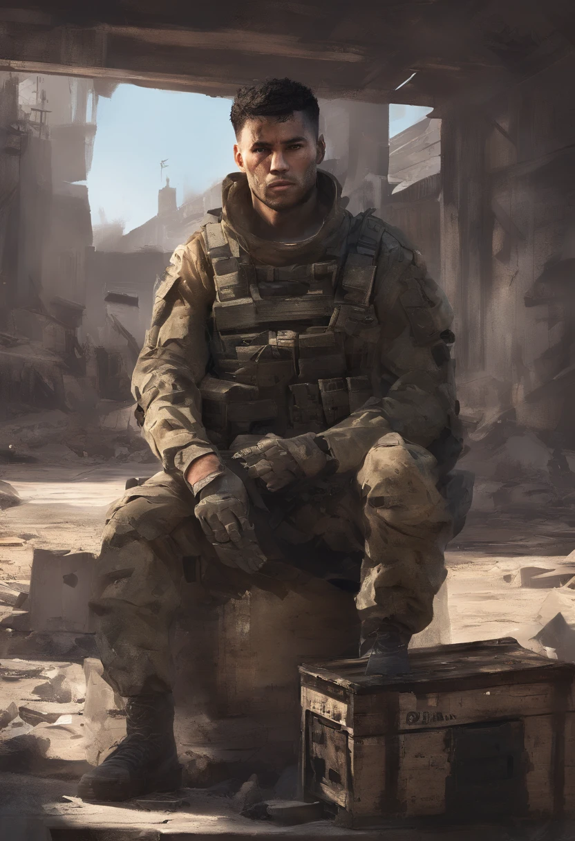 intense wounded soldier sitting on a crate, cinematic lighting, holding a photo, looking into the camera, detailed face, ruined buildings as background, by artstation, unreal engine --q 2 --auto