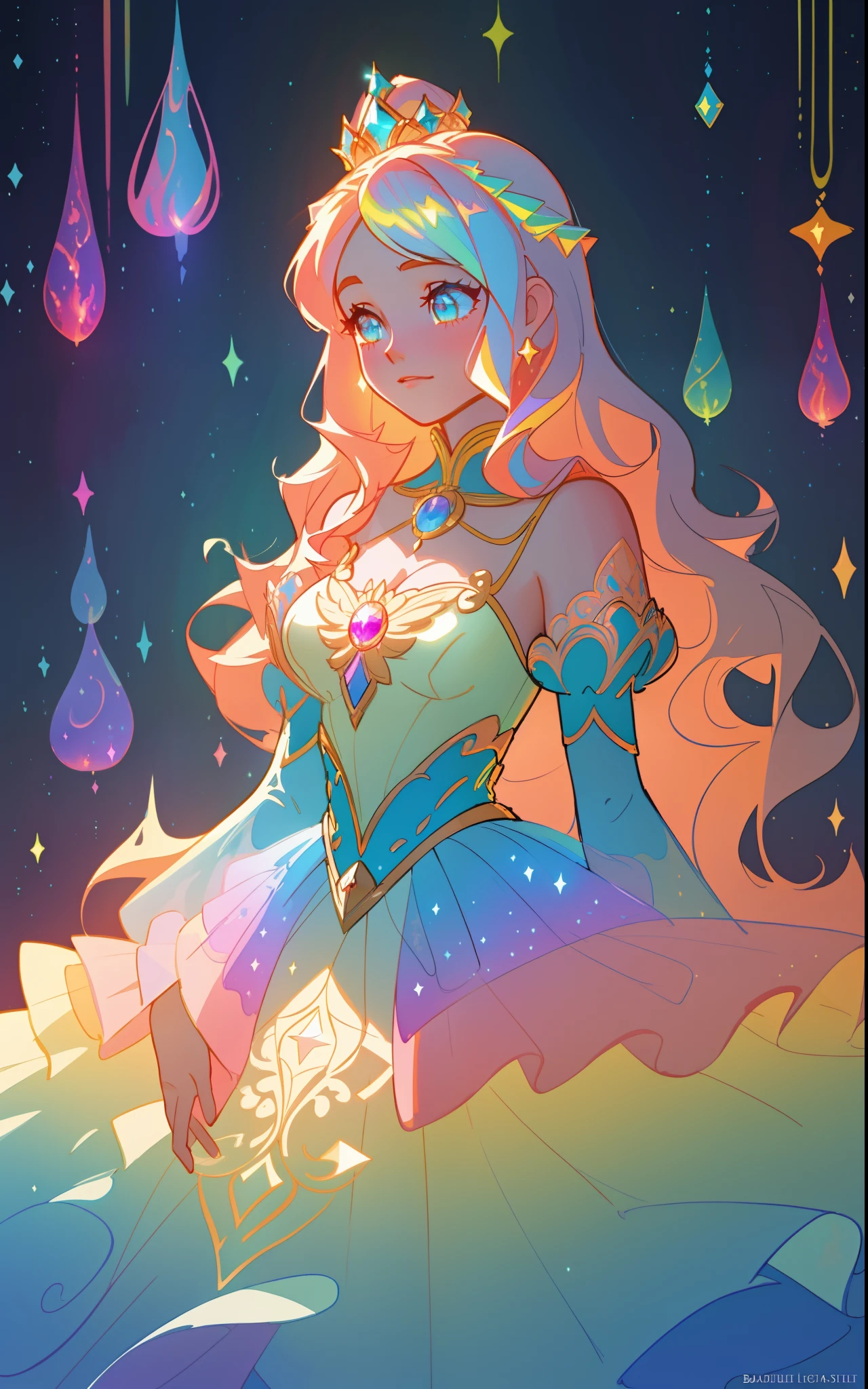 beautiful girl, puffy tiered rainbow ballgown, princess, intricate dress design, (colorful), long wavy hair, magical lights, sparkling magical liquid, inspired by Glen Keane, inspired by Lois van Baarle, disney art style, by Lois van Baarle, glowing aura around her, by Glen Keane, jen bartel, glowing lights! digital painting, flowing glowing hair, glowing flowing hair, beautiful digital illustration, fantasia background, whimsical, magical, fantasy, ((masterpiece, best quality)), intricate details, highly detailed, sharp focus, 8k resolution, sparkling detailed eyes, liquid watercolor