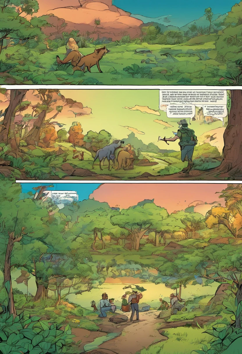 Quadrinhos americanos, The comic is presented in several irregular panels with colors. O Chris Evans como o lanterna verde passa por um cachorro verde na floresta. The style is exaggerated