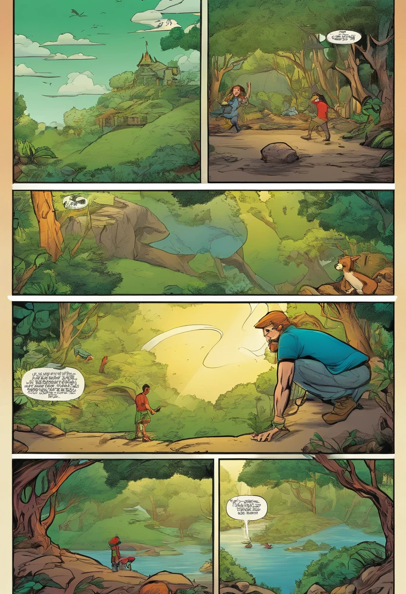 Quadrinhos americanos, The comic is presented in several irregular panels with colors. O Chris Evans como o lanterna verde passa por um cachorro verde na floresta. The style is exaggerated