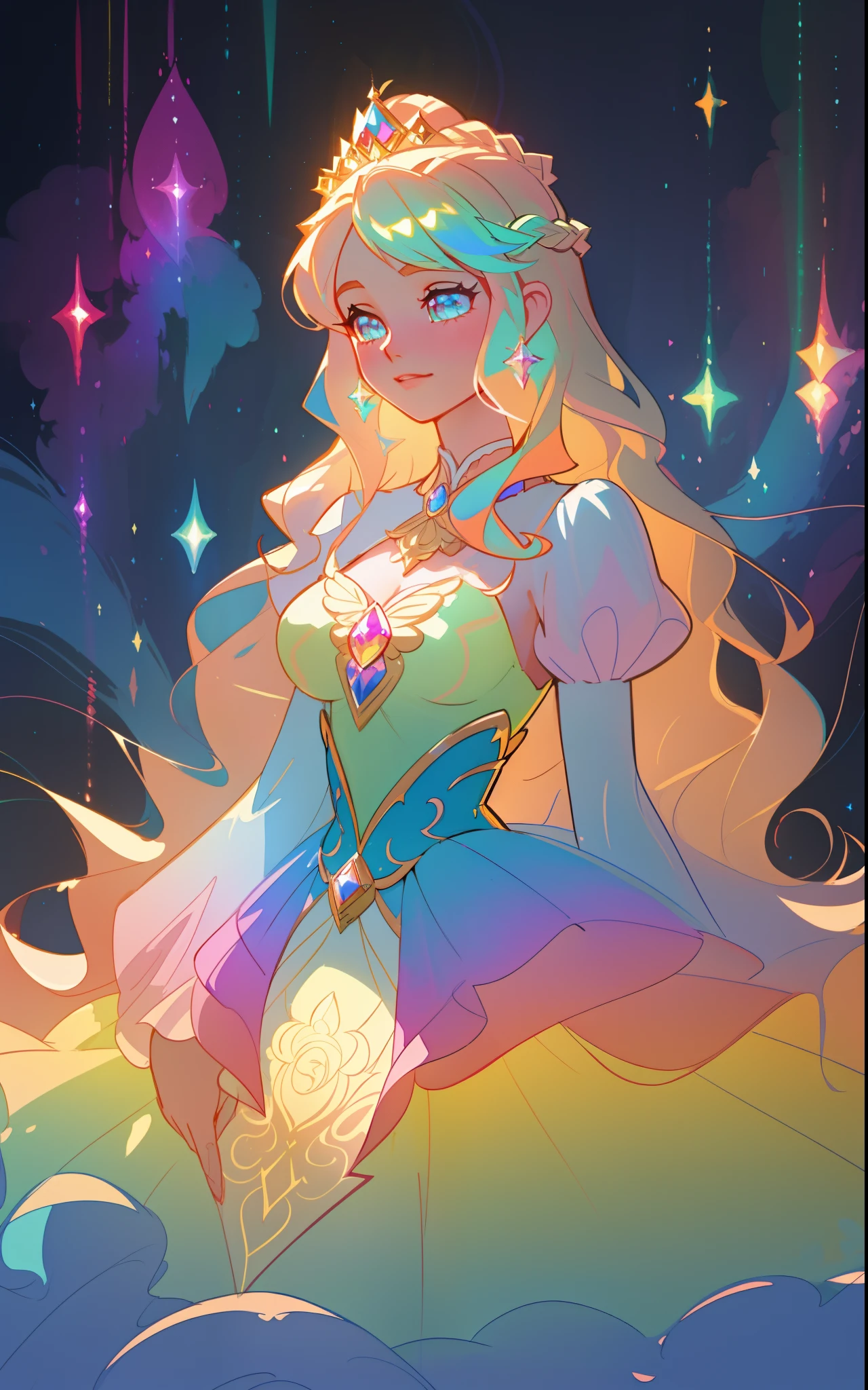 beautiful girl, puffy tiered rainbow ballgown, princess, intricate dress design, (colorful), long wavy hair, magical lights, sparkling magical liquid, inspired by Glen Keane, inspired by Lois van Baarle, disney art style, by Lois van Baarle, glowing aura around her, by Glen Keane, jen bartel, glowing lights! digital painting, flowing glowing hair, glowing flowing hair, beautiful digital illustration, fantasia background, whimsical, magical, fantasy, ((masterpiece, best quality)), intricate details, highly detailed, sharp focus, 8k resolution, sparkling detailed eyes, liquid watercolor