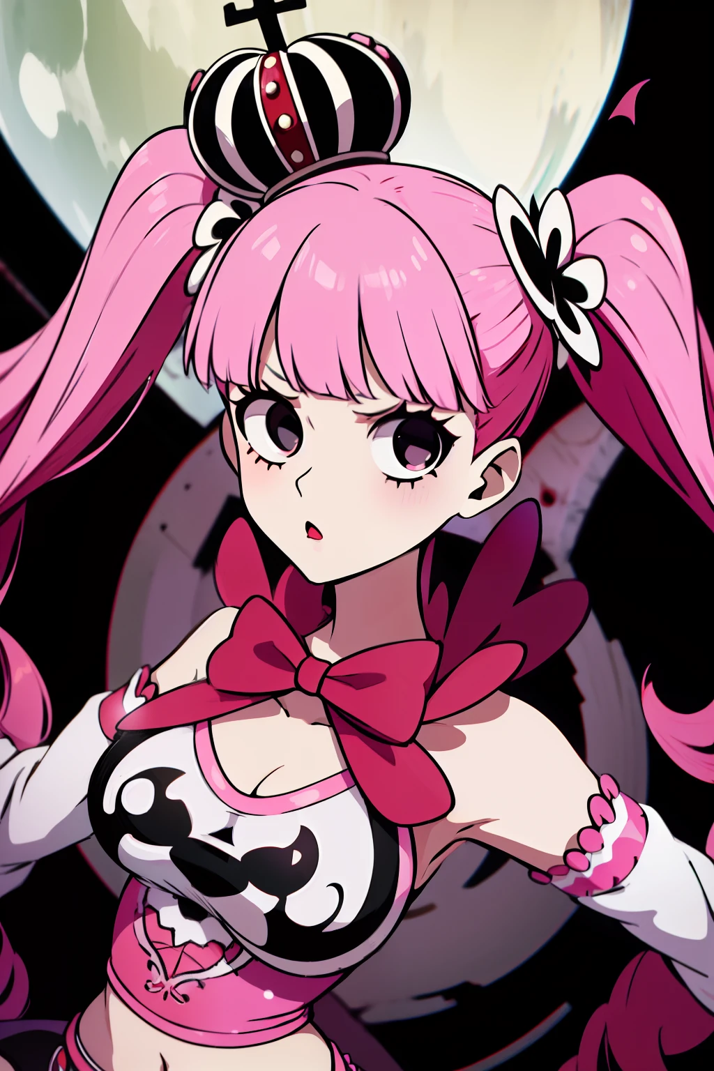 Perona, 1girl, pink hair, black eyes, blunt bangs, drill hair, red lipstick, long twintails, crown, (white and black striped stockings), long red boots, red capelet, pink bowtie, white shirt with sleeves, red skirt, midriff, perfect anatomy, solo, zombie, multiple boys, crowd, glowing eyes, undead, horror (theme), ugly man, blood, masterpiece, best quality, upper body