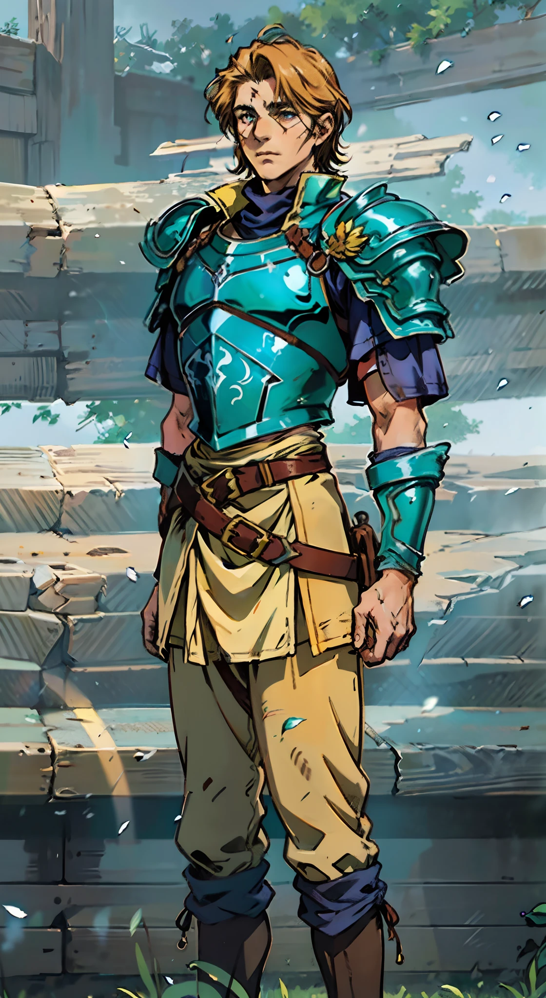 A middle-aged man with short golden hair, thick hair, a large X-shaped scar on his face, has gentle eyes, a calm expression, a fantasy-style coat with leaf-shaped chest armor, the color scheme is mainly grass green, with earthy yellow as secondary colors, a belt around his waist, coarse cloth trousers, the background shows a medieval fantasy-style street with snowflakes falling, this character embodies a finely crafted fantasy-style soldier in anime style, characterized by an exquisite and mature manga illustration art style, high definition, best quality, highres, ultra-detailed, ultra-fine painting, extremely delicate, professional, anatomically correct, symmetrical face, extremely detailed eyes and face, high quality eyes, creativity, RAW photo, UHD, 8k, Natural light, cinematic lighting, masterpiece:1.5