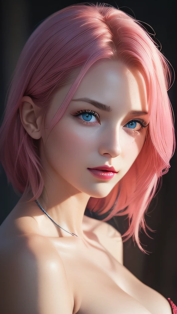 Best Quality, 超A high resolution, (Photorealistic:1.4), (Detailed beautiful girl:1.4), (medium breasts:0.8), up looking_で_viewer, detailed face details, Beautiful detailed eyes,Pink hair, Blue eyes, slender, haunting smile, (makeup:0.3), Red lips, Very Detai...
