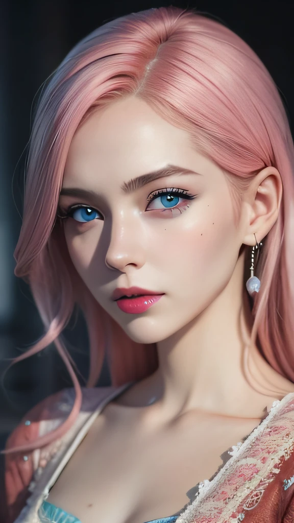 best quality, ultra high res, (photorealistic:1.4), (detailed beautiful girl:1.4), (medium breasts:0.8), looking_at_viewer, Detailed facial details, beautiful detailed eyes,pink hair, blue eyes, slender, haunting smile, (makeup:0.3), red lips, highly detailed clothes, (ulzzang-6500-v1.1:0.3)