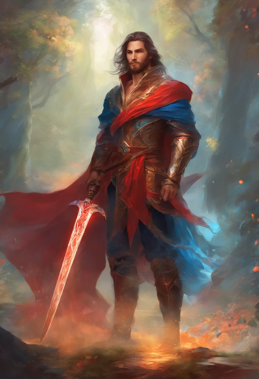 A man holding a red and blue sword,