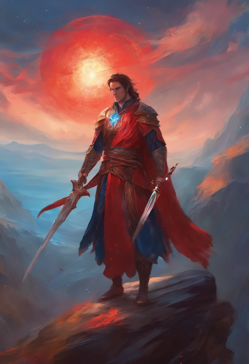 A man holding a red and blue sword,
