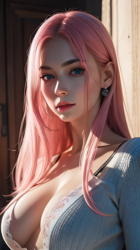 best quality, ultra high res, (photorealistic:1.4), (detailed beautiful girl:1.4), (medium breasts:0.8), looking_at_viewer, Detailed facial details, beautiful detailed eyes,pink hair, blue eyes, slender, haunting smile, (makeup:0.3), red lips, highly detailed clothes, (ulzzang-6500-v1.1:0.3)