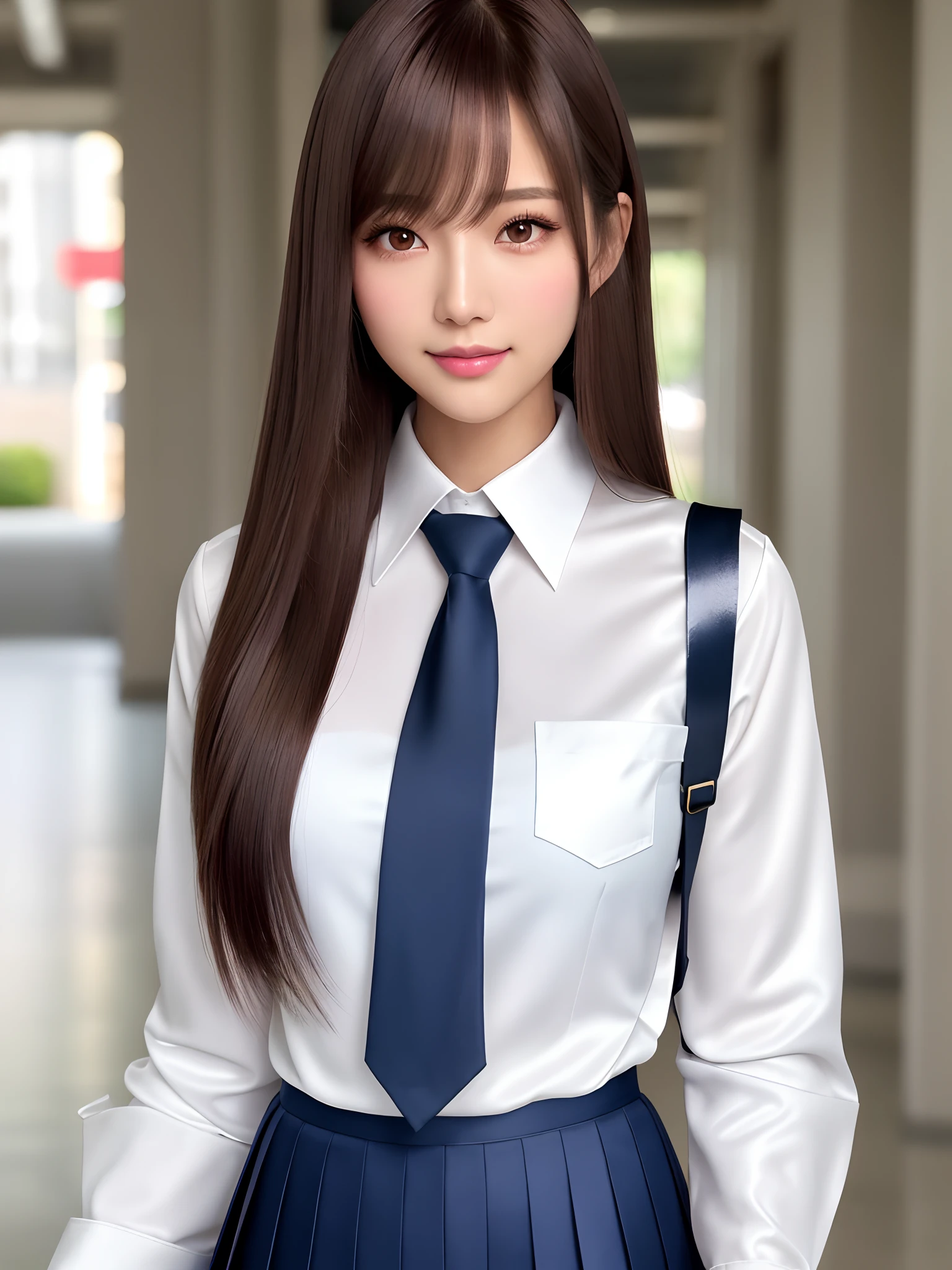 product quality, 1girl, upper body shot, front view, a Japanese young pretty woman, long bob hair, walking with a big smile on a school hallway, a school bag over her shoulder, glamorous figure, wearing a long sleeve white collared silky satin shirt with shiny satin dark blue plain long tie, wearing a dark blue pleated long skirt, hyper cute face, glossy lips, double eyelids in both eyes, natural makeup, long eyelashes, shiny smooth light brown long bob hair, asymmetrical bangs, a tanned skin, central image, high resolution, high detail, detailed hairstyle, detailed face, spectacular cinematic lighting, octane rendering, vibrant, hyper realistic, perfect limbs, perfect anatomy