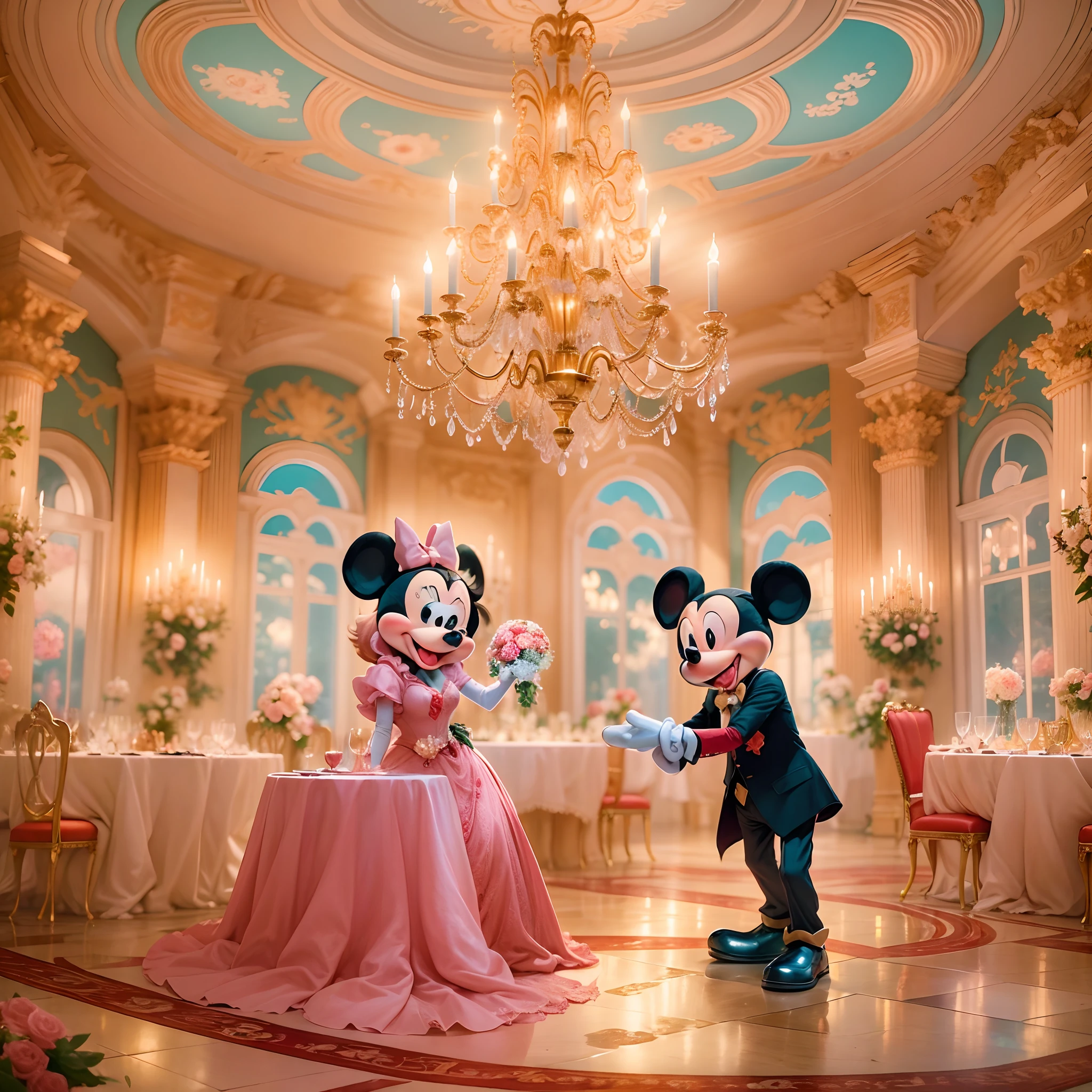 Por favor, Create an enchanting scene with Mickey Mouse and Minnie Mouse at a lavish dinner party inside an epic palace. The room is illuminated by a pink crystal chandelier providing an elegant and romantic atmosphere at dusk, The scene is depicted in an art style reminiscent of a fairy tale, with additional elements that include live music in the background. Mickey Mouse lovingly hands Minnie Mouse a beautiful bouquet of red roses and makes a special marriage proposal. Capturing the emotion and love in that moment is essential. The scene should reflect the couple's joy and affection in this memorable moment."