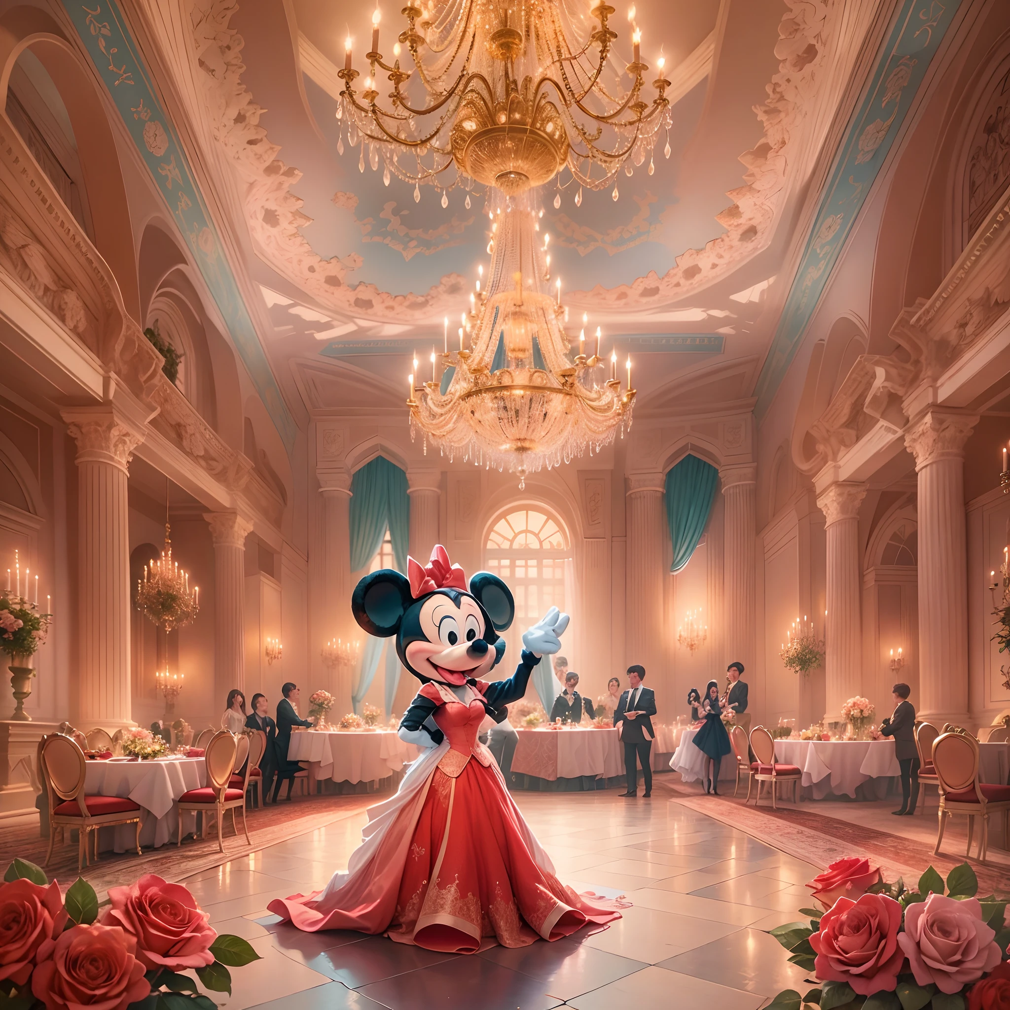 Por favor, Create an enchanting scene with Mickey Mouse and Minnie Mouse at a lavish dinner party inside an epic palace. The room is illuminated by a pink crystal chandelier providing an elegant and romantic atmosphere at dusk, The scene is depicted in an art style reminiscent of a fairy tale, with additional elements that include live music in the background. Mickey Mouse lovingly hands Minnie Mouse a beautiful bouquet of red roses and makes a special marriage proposal. Capturing the emotion and love in that moment is essential. The scene should reflect the couple's joy and affection in this memorable moment."