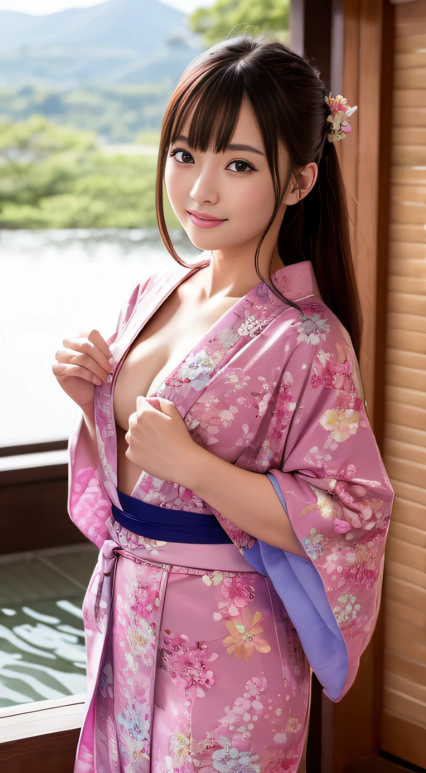 top-quality、masterpiece、ultra res、a beauty girl、cute girl face、Onsen inn、Wearing a yukata、full bodyesbian、Famous actresses of Japan、very beautiful face、chest