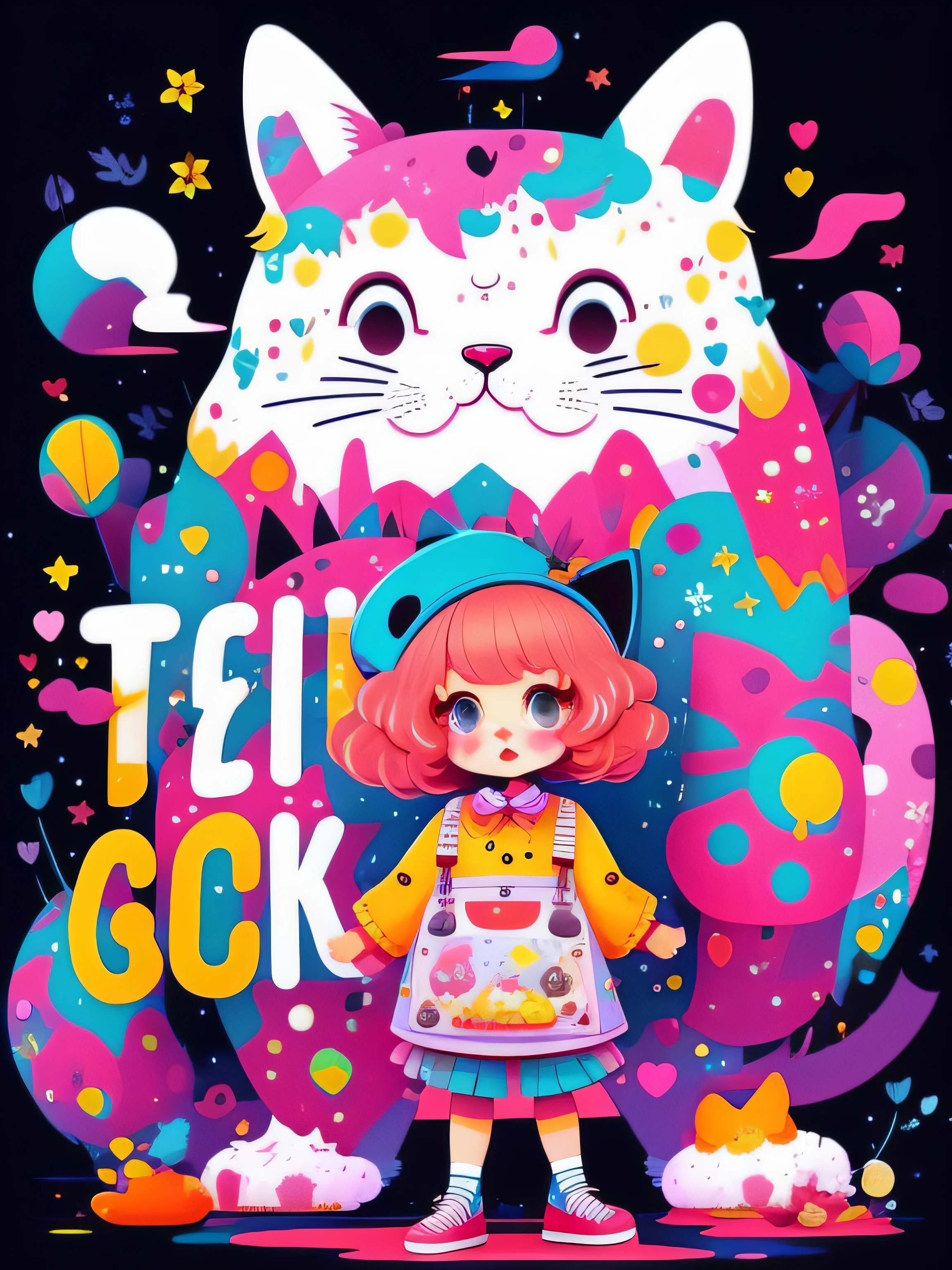 A huge cute cartoon fat cat,Next to him stood a cute girl dressed as a painter,The strap skirt he was wearing was stained with ink, hand painted cartoon art style, colorful illustrations, Colorful illustration, extremely colorful! Character design, Beeple and Jeremiah Ketner, Cat girl, colorful kids book illustration, vibrant cartoon art, cat woman, jen bartel, cute illustration, Cute detailed digital art, lovely art style, decora inspired illustrations