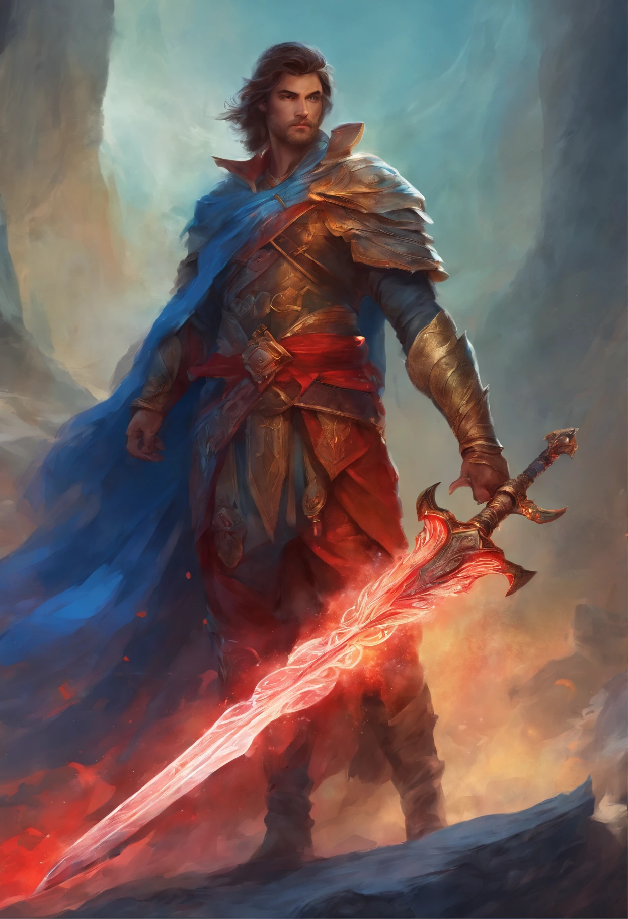 A man holding a red and blue sword,