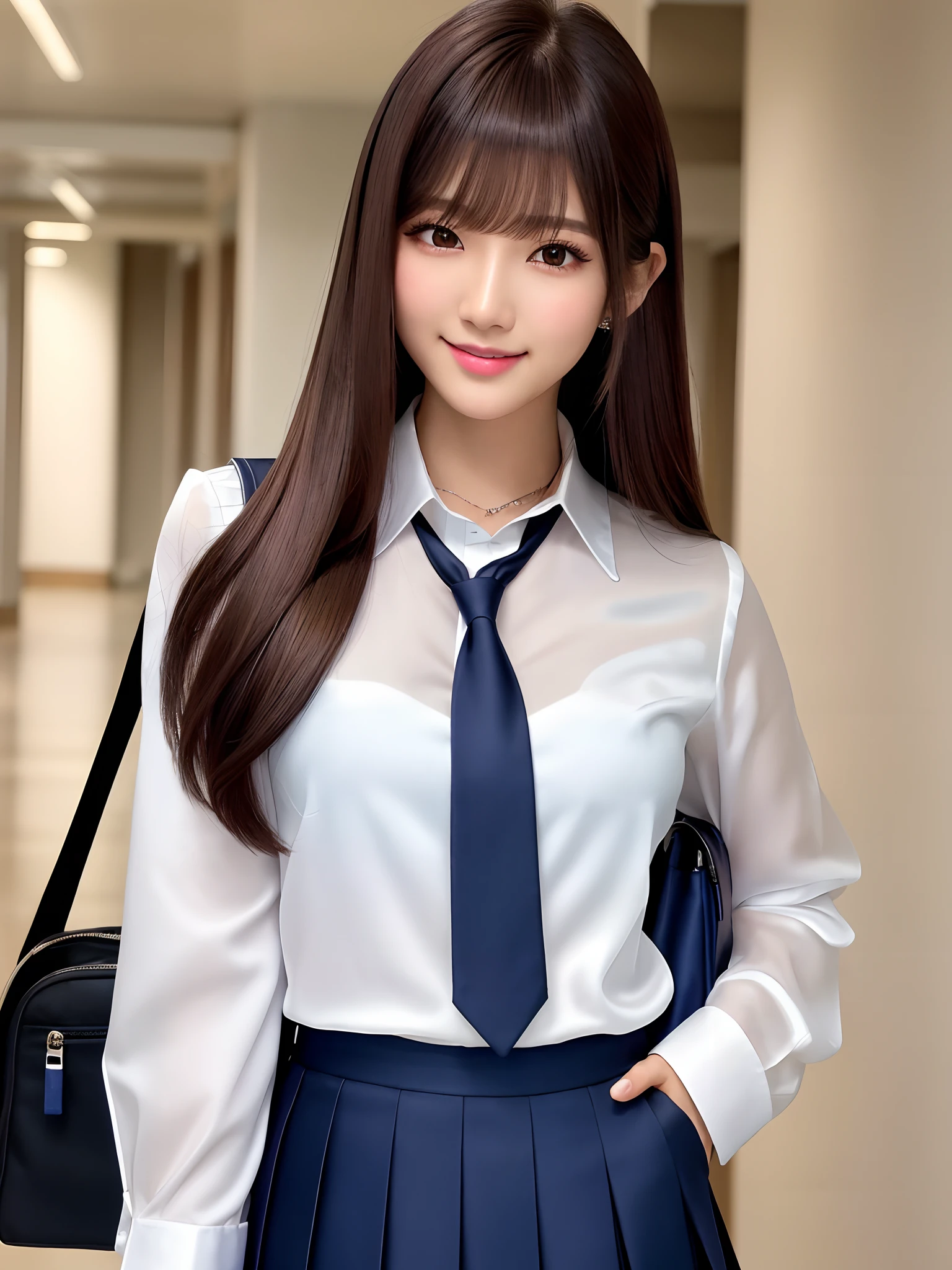 product quality, 1girl, upper body shot, front view, a Japanese young pretty woman, long bob hair, walking with a big smile on a crowded school hallway, a school bag over her shoulder, glamorous figure, wearing a long sleeve white collared silky satin shirt with shiny satin dark blue plain long tie, wearing a dark blue pleated long skirt, hyper cute face, glossy lips, double eyelids in both eyes, natural makeup, long eyelashes, shiny smooth light brown long bob hair, asymmetrical bangs, a tanned skin, central image, high resolution, high detail, detailed hairstyle, detailed face, spectacular cinematic lighting, octane rendering, vibrant, hyper realistic, perfect limbs, perfect anatomy