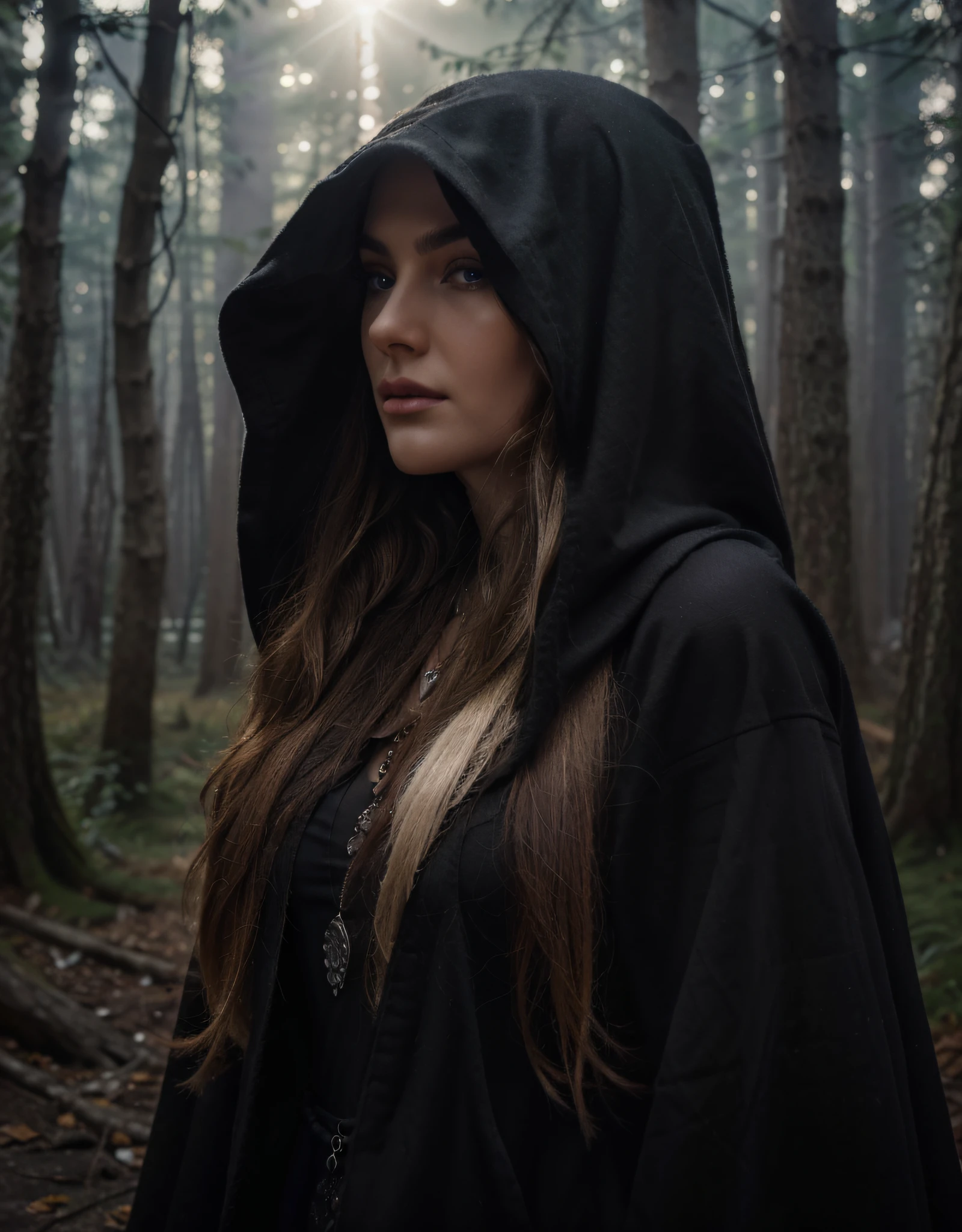 Druid woman dressed entirely in black, black woolen hood, low-cut black dress, silver necklace with arcane symbol, long pale blonde hair, pale white skin, light blue eyes, face of a serious sexy Romanian woman, she is in a Romanian forest with a lot of fog, low light, ultra realistic, Ultra detailed, hyper realistic, 4k, Ultra detailed image, realistic, Highly detailed, perfect composition, beautiful, intricately detailed, incredibly detailed, 8k art photography, hyper detailed, ultra realistic masterpiece, ultra detailed, hyper realistic , 4k, ultra detailed image, realistic, highly detailed, perfect composition, beautiful, intricately detailed, incredibly detailed, art photography 8k, hyper detailed, masterpiece