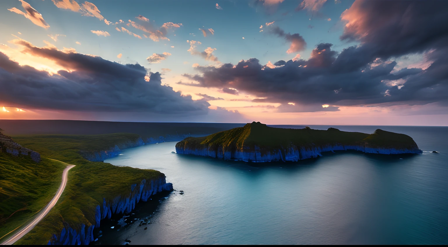 paysage, mer cristalline bleu cobalt, Eau cristalline, coucher du soleil, ,(Highly detailed CG Unit 8k wallpaper), The most beautiful work of art in the world, Professional majestic oil painting, complexe, High detail, mise au point nette, dramatique, Art of photorealist painting,