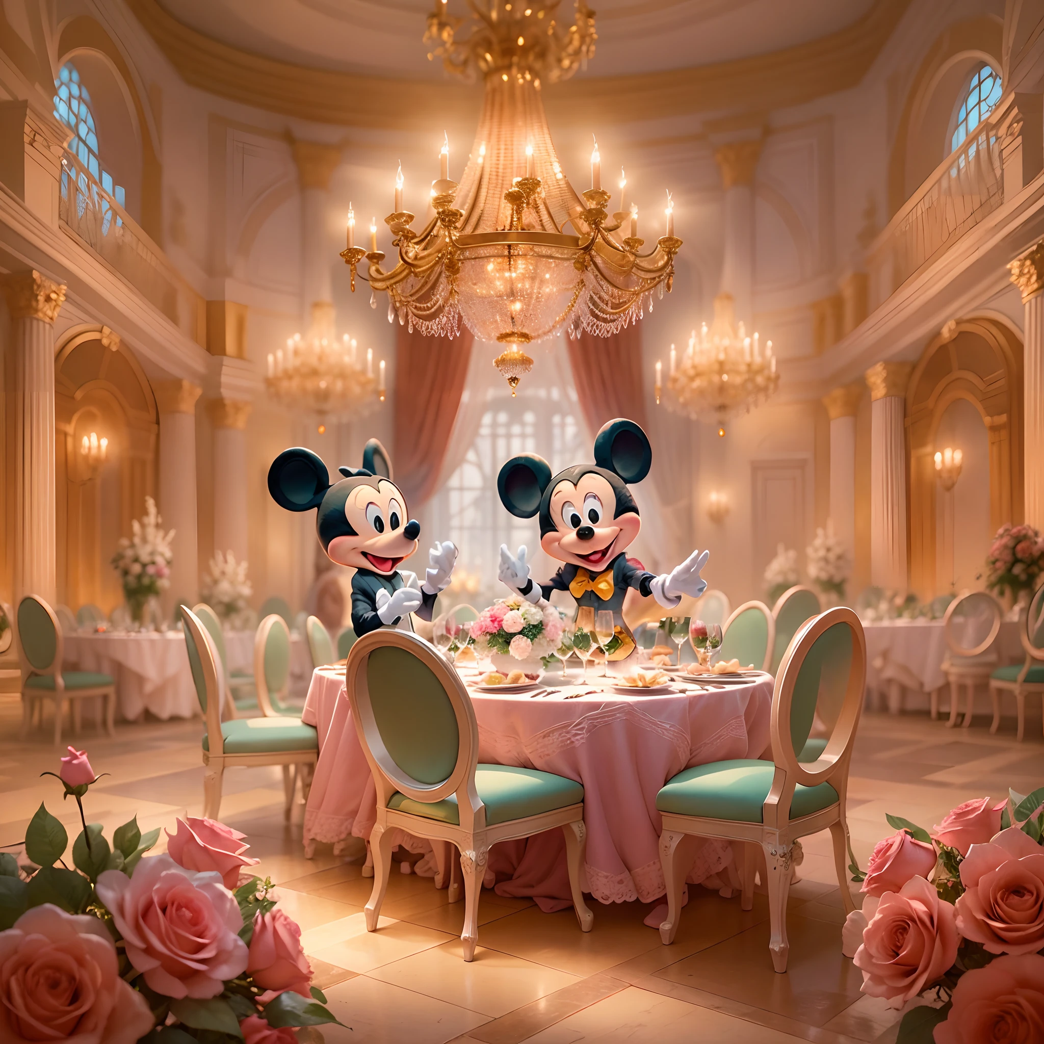 Por favor, create an enchanting scene with Mickey Mouse and Minnie Mouse at a lavish dinner party inside an epic palace. The room is illuminated by a pink crystal chandelier providing an elegant and romantic atmosphere at dusk, The scene is depicted in an art style reminiscent of a fairy tale, with additional elements that include live music in the background. Mickey Mouse lovingly hands Minnie Mouse a beautiful bouquet of red roses and makes a special marriage proposal. Capturing the emotion and love in this moment is essential. The scene should reflect the couple's joy and affection in this memorable moment."